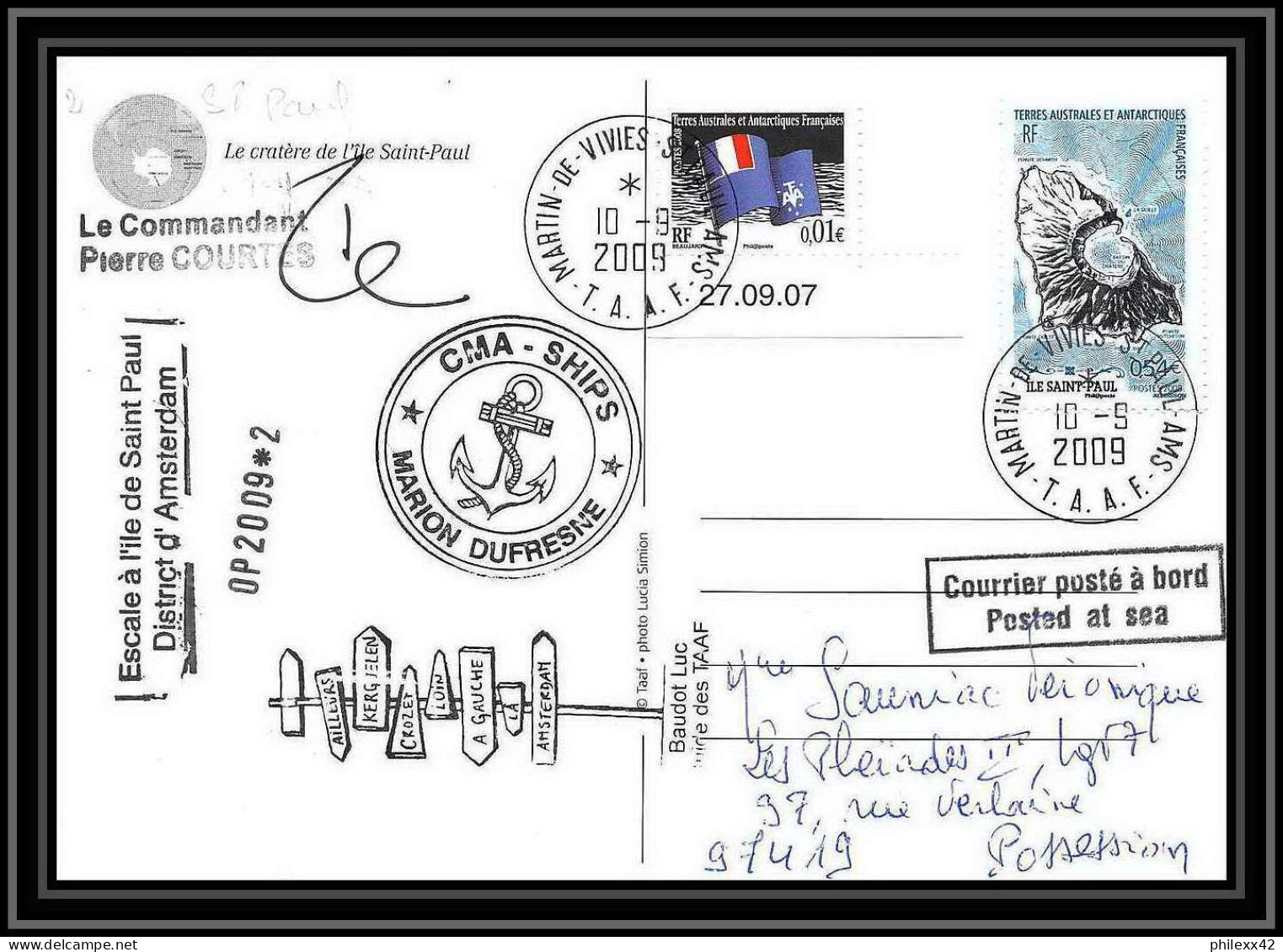 2944 ANTARCTIC Terres Australes (taaf)-carte Postale Dufresne 2 Signé Signed OP 2009/2 ST PAUL 10/9/2009 N°506 - Briefe U. Dokumente