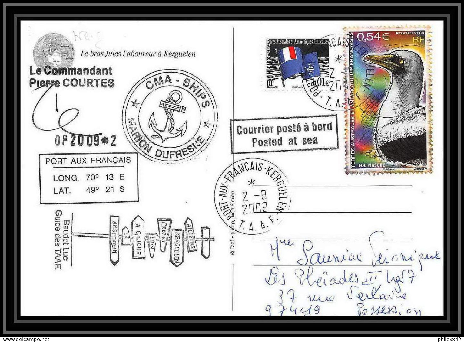 2943 ANTARCTIC Terres Australes (taaf)-carte Postale Dufresne 2 Signé Signed OP 2009/2 Kerguelen 2/9/2009 N°516 - Cartas & Documentos