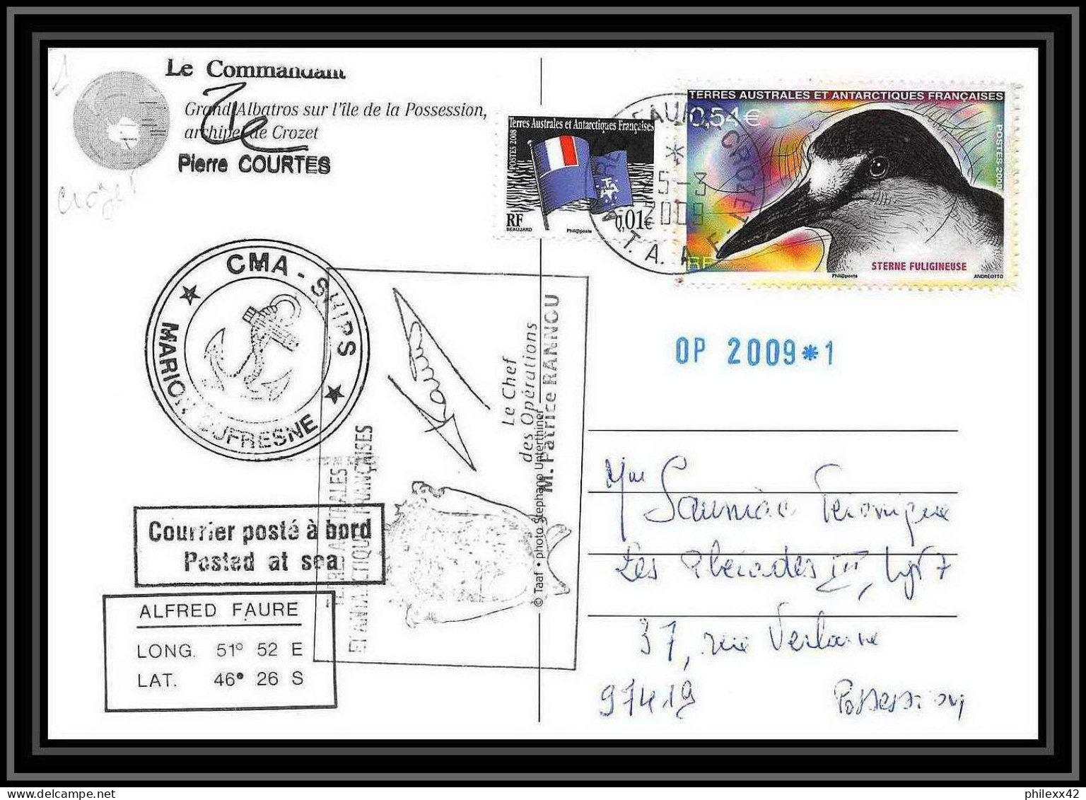 2940 ANTARCTIC Terres Australes (taaf)-carte Postale Dufresne 2 Signé Signed OP 2009/1 Crozet 25/3/2009 N°514 - Lettres & Documents