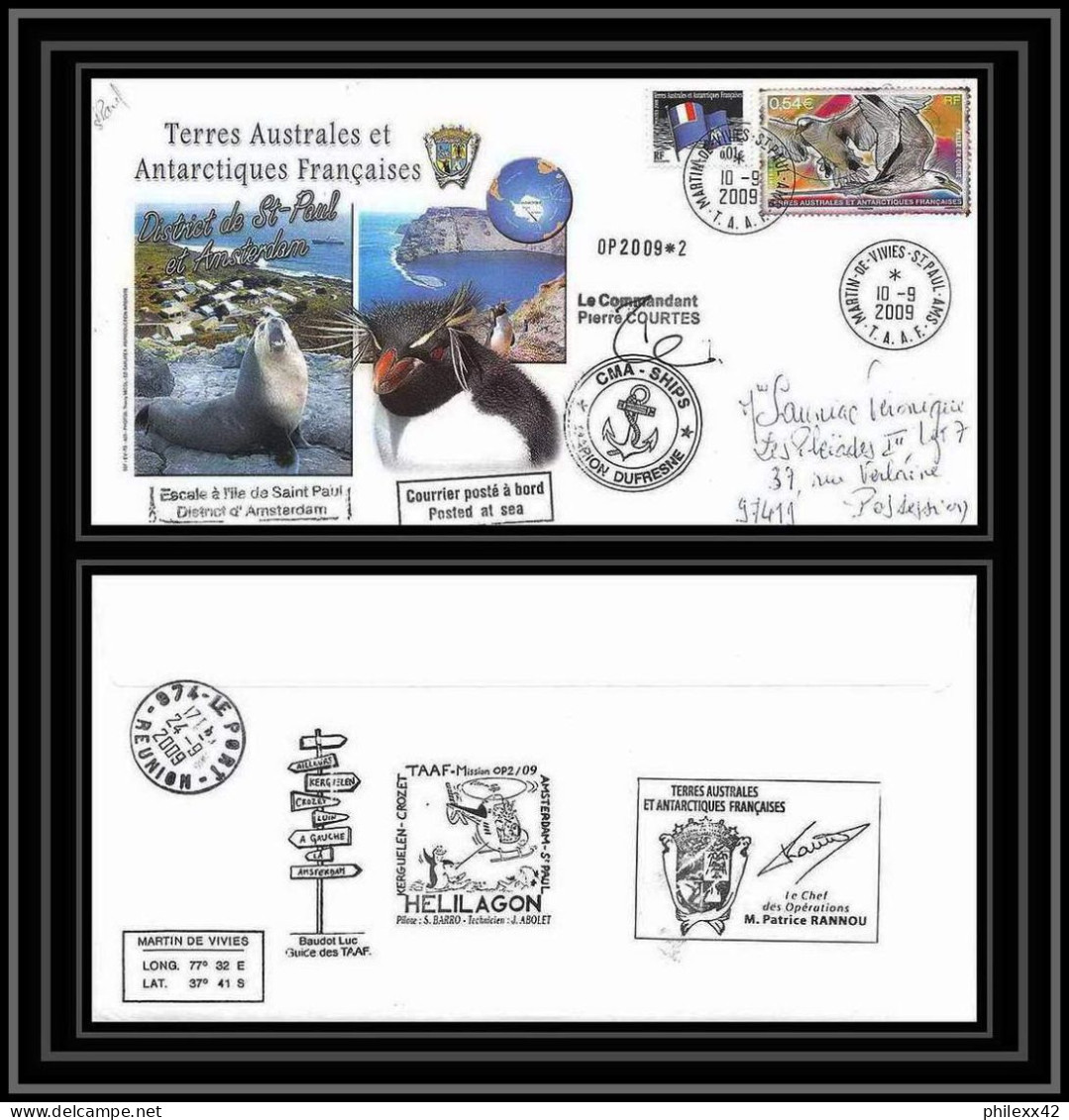 2938 Dufresne 2 Signé Signed OP 10/9/2009/2 St Paul N°518 Helilagon Terres Australes (taaf) Lettre Cover Bird Paille - Elicotteri