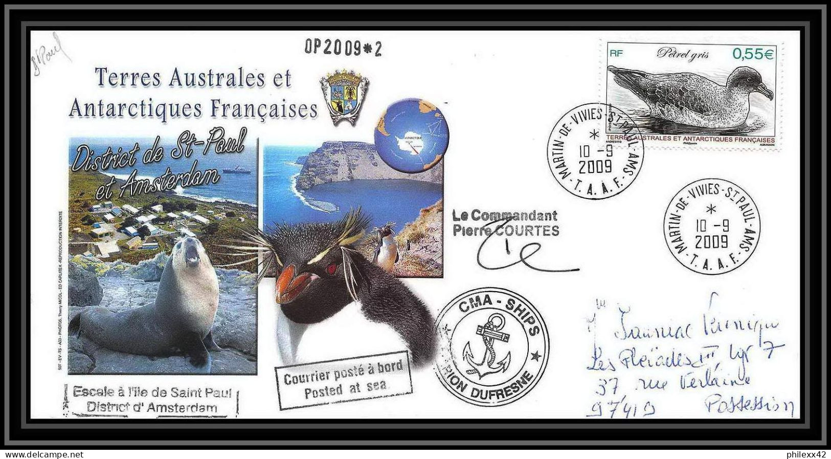 2936 Dufresne 2 Signé Signed OP 10/9/2009/2 St Paul N°532 Helilagon Terres Australes (taaf) Lettre Cover Bird Petrel - Helicópteros