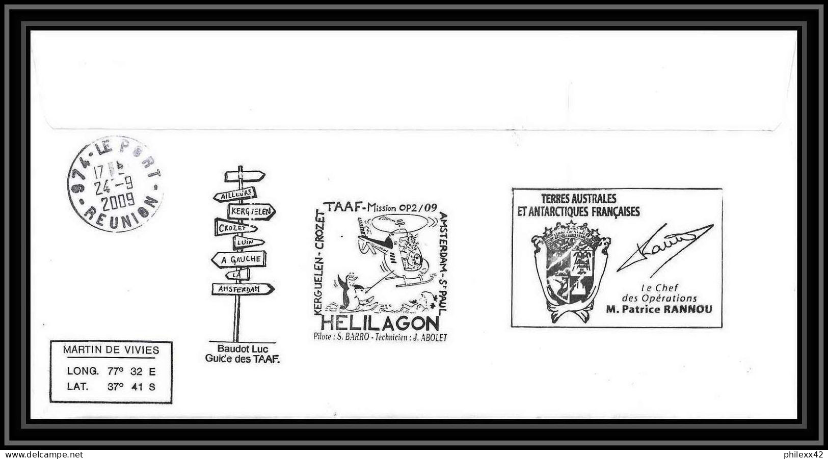 2936 Dufresne 2 Signé Signed OP 10/9/2009/2 St Paul N°532 Helilagon Terres Australes (taaf) Lettre Cover Bird Petrel - Elicotteri