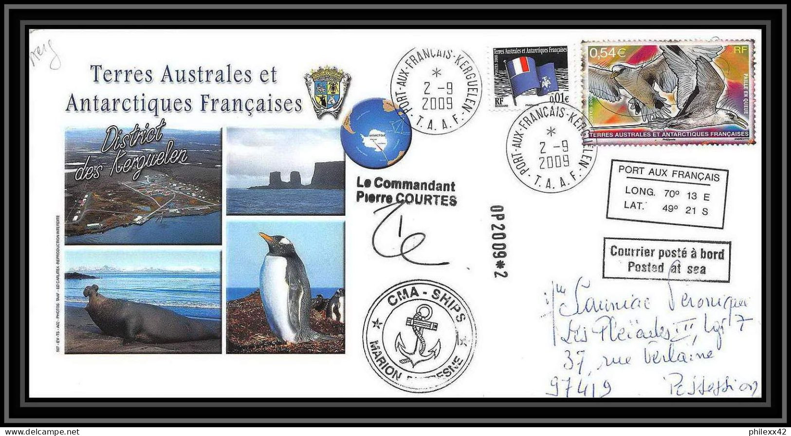 2932 Dufresne 2 Signé Signed OP 2/9/2009/2 Kerguelen N°518 Helilagon Terres Australes (taaf) Lettre Cover Paille Bird - Elicotteri