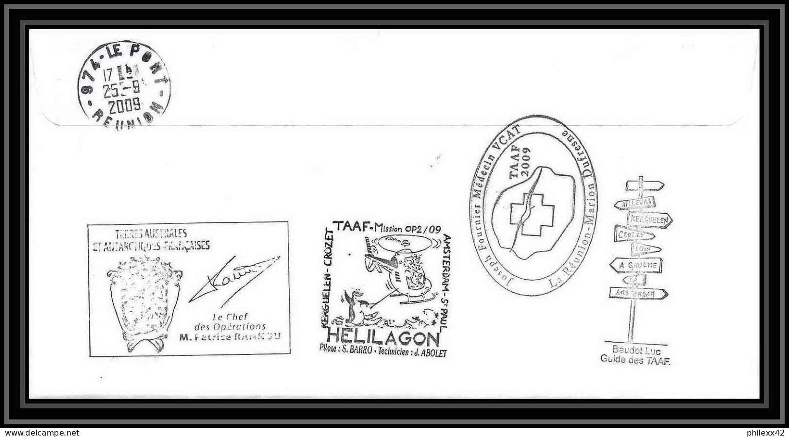 2930 Dufresne 2 Signé Signed OP 2/9/2009/2 Kerguelen N°533 Helilagon Terres Australes (taaf) Lettre Cover Petrel Bird - Helicopters