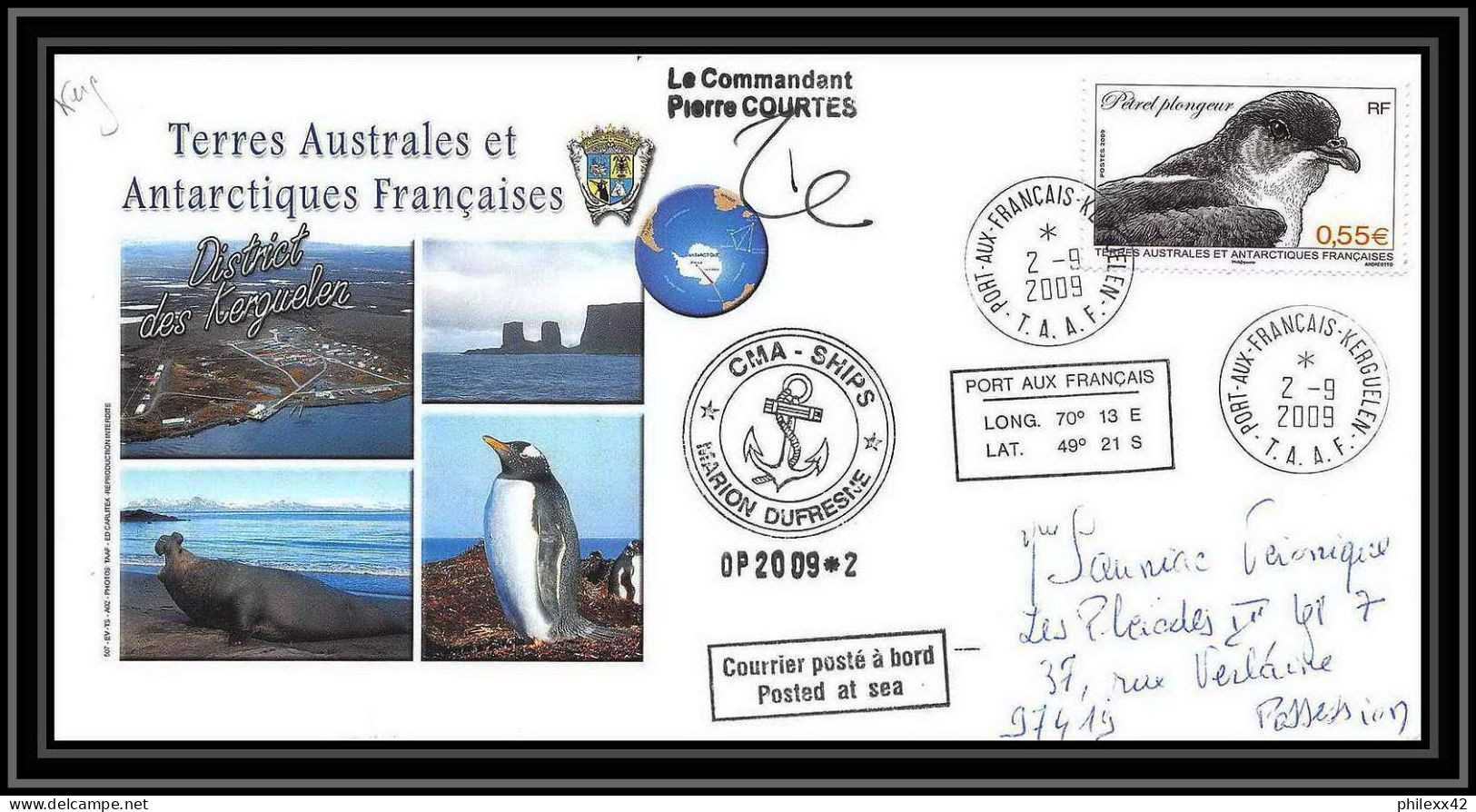 2929 Dufresne 2 Signé Signed OP 2/92009/2 Kerguelen N°532 Helilagon Terres Australes (taaf) Lettre Cover Petrel Bird - Helikopters