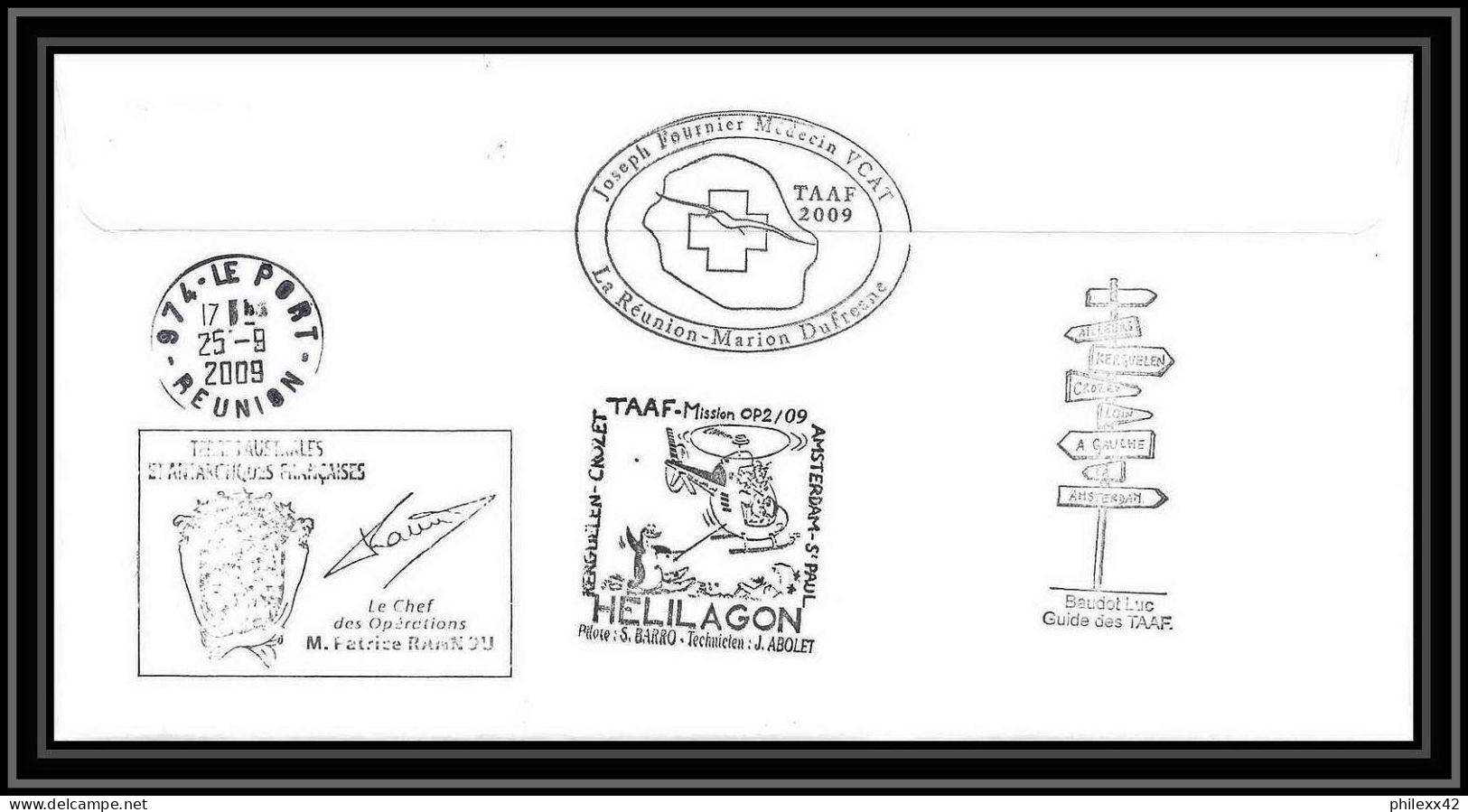 2929 Dufresne 2 Signé Signed OP 2/92009/2 Kerguelen N°532 Helilagon Terres Australes (taaf) Lettre Cover Petrel Bird - Helicopters