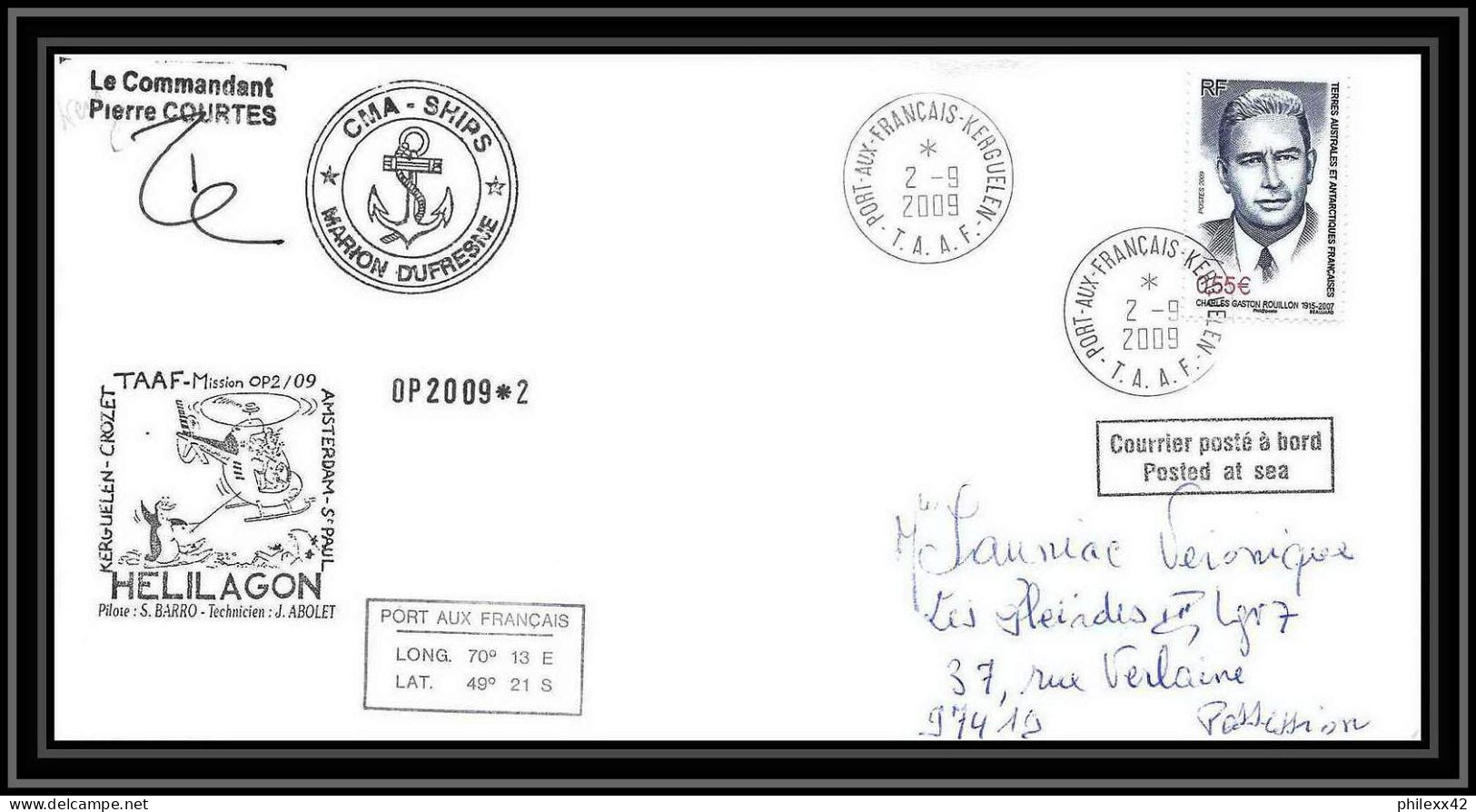 2928 Dufresne 2 Signé Signed OP 2009/2 Kerguelen 2/9/2009 N°524 Helilagon Terres Australes (taaf) Lettre Cover - Hélicoptères