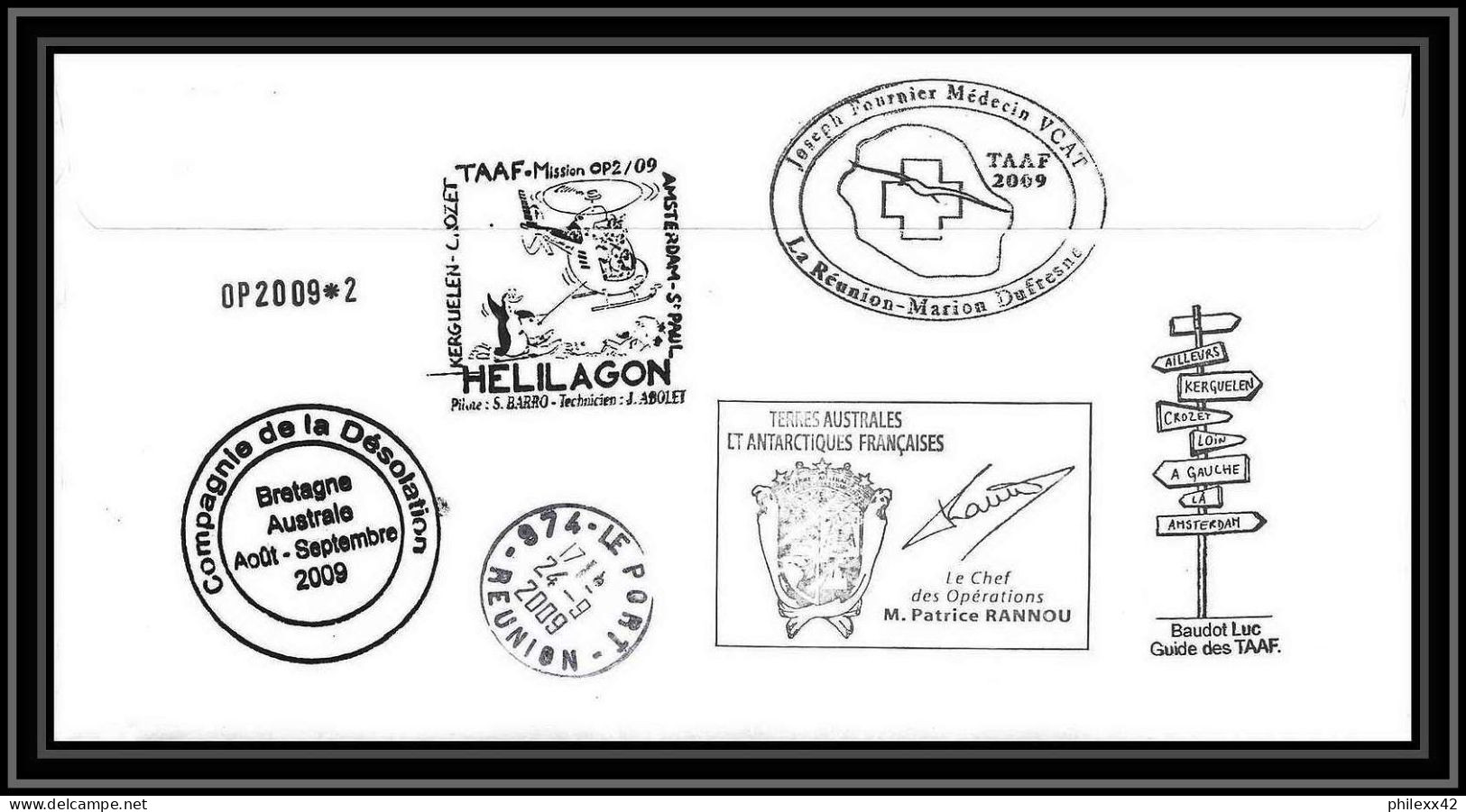 2926 Dufresne 2 Signé Signed OP 2009/2 Crozet N°518 28/8/2009 Helilagon Terres Australes (taaf) Lettre Cover Paille Bird - Helicópteros