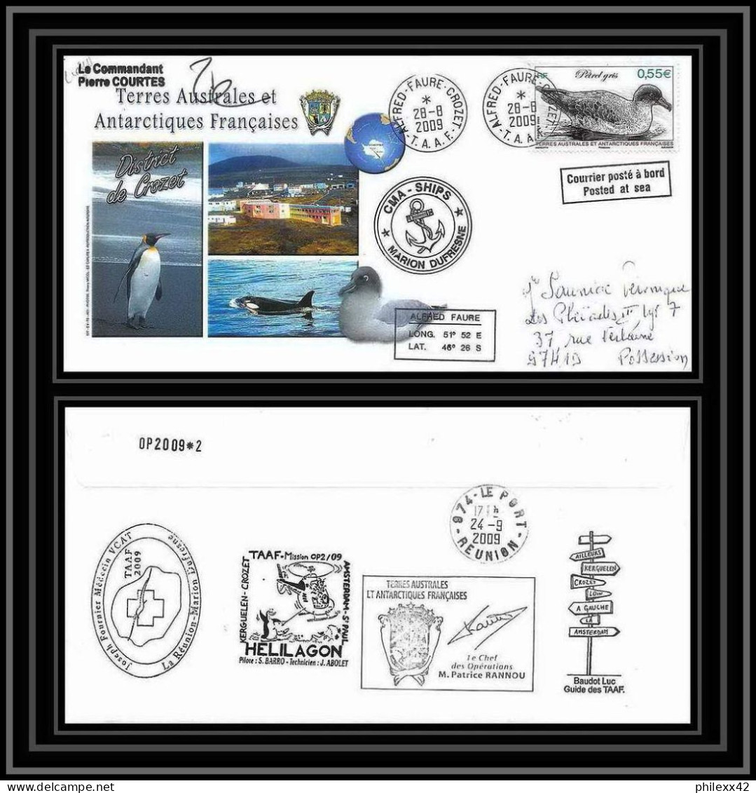 2924 Dufresne 2 Signé Signed OP 2009/2 Crozet N°532 28/8/2009 Helilagon Terres Australes (taaf) Lettre Cover Petrel Bird - Helikopters