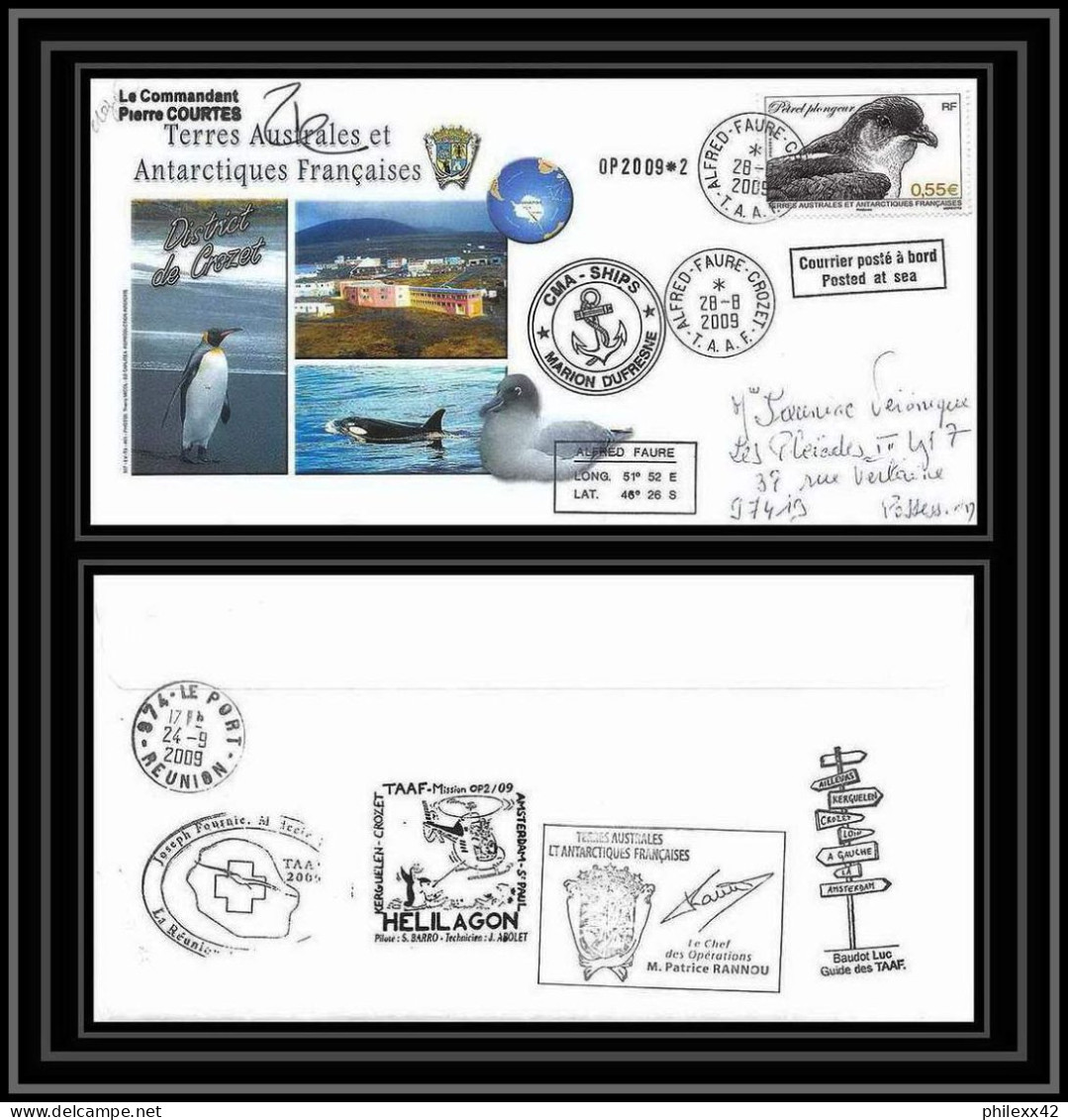 2923 Dufresne 2 Signé Signed OP 2009/2 Crozet N°533 28/8/2009 Helilagon Terres Australes (taaf) Lettre Cover Petrel Bird - Helikopters