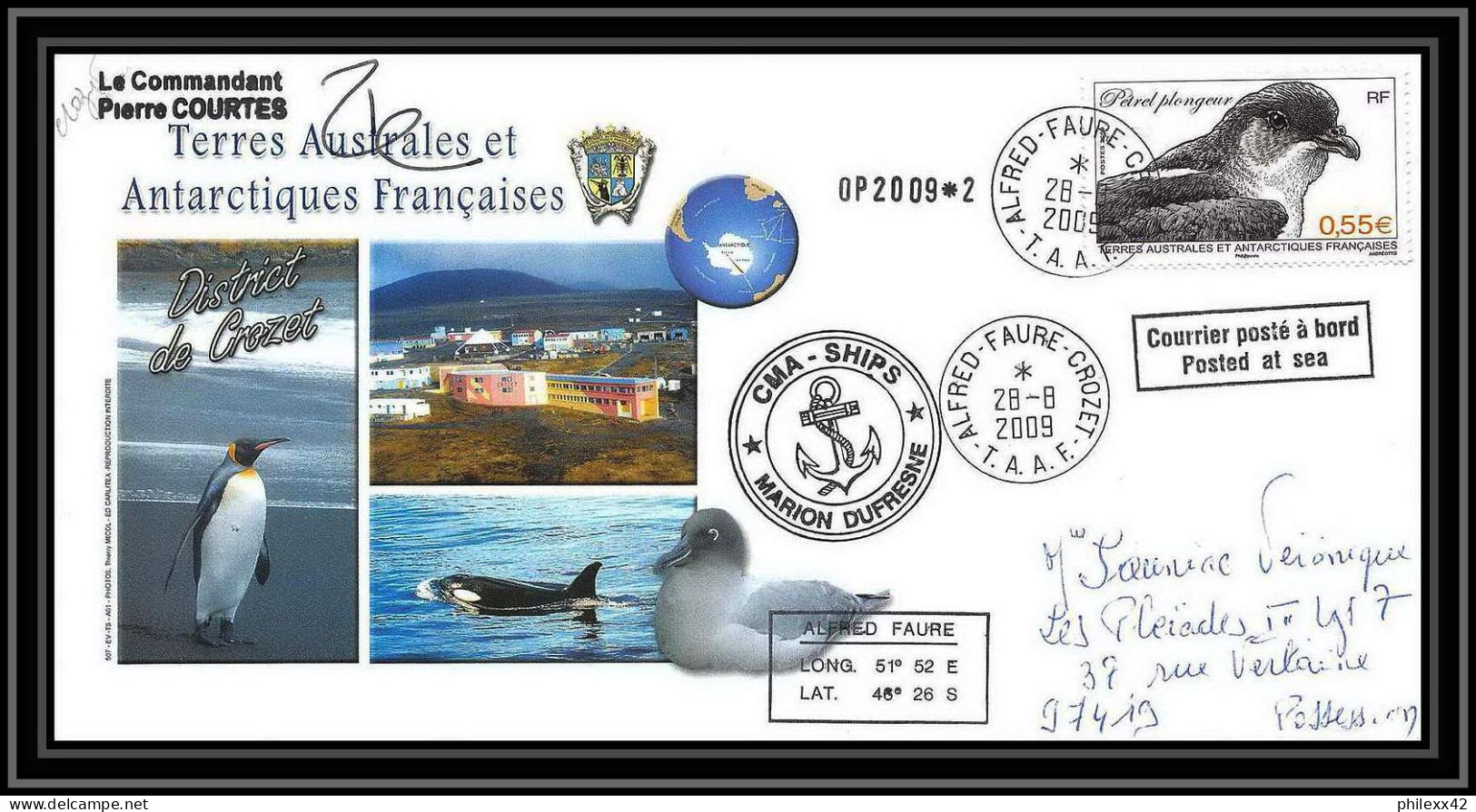 2923 Dufresne 2 Signé Signed OP 2009/2 Crozet N°533 28/8/2009 Helilagon Terres Australes (taaf) Lettre Cover Petrel Bird - Hélicoptères