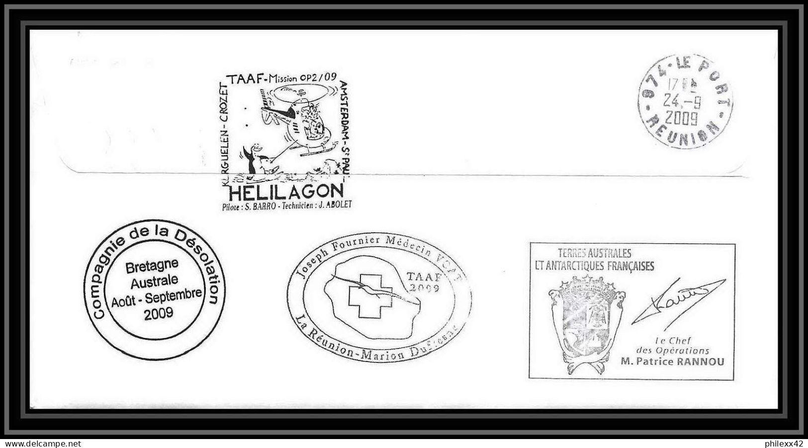 2922 Dufresne 2 Signé Signed OP 2009/2 Crozet N°524 28/8/2009 Helilagon Terres Australes (taaf) Lettre Cover - Helicopters