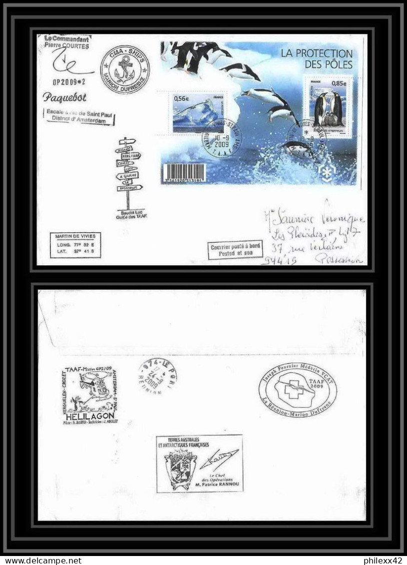 2920 Helilagon Terres Australes TAAF Lettre Dufresne 2 Signé Signed OP 2009/2 St Paul France YT 4350/4351 28/8/2009 - Hélicoptères