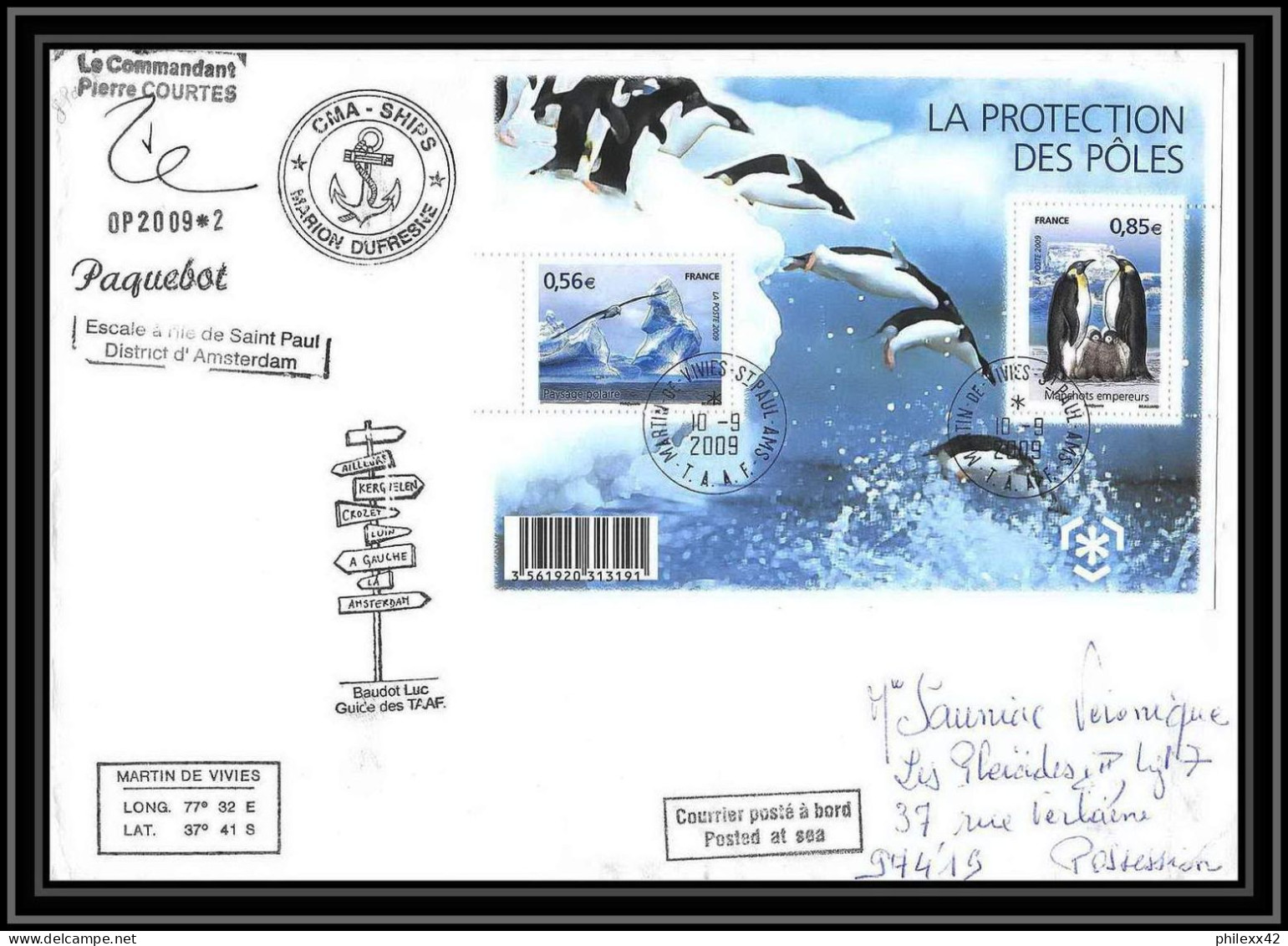 2920 Helilagon Terres Australes TAAF Lettre Dufresne 2 Signé Signed OP 2009/2 St Paul France YT 4350/4351 28/8/2009 - Helikopters