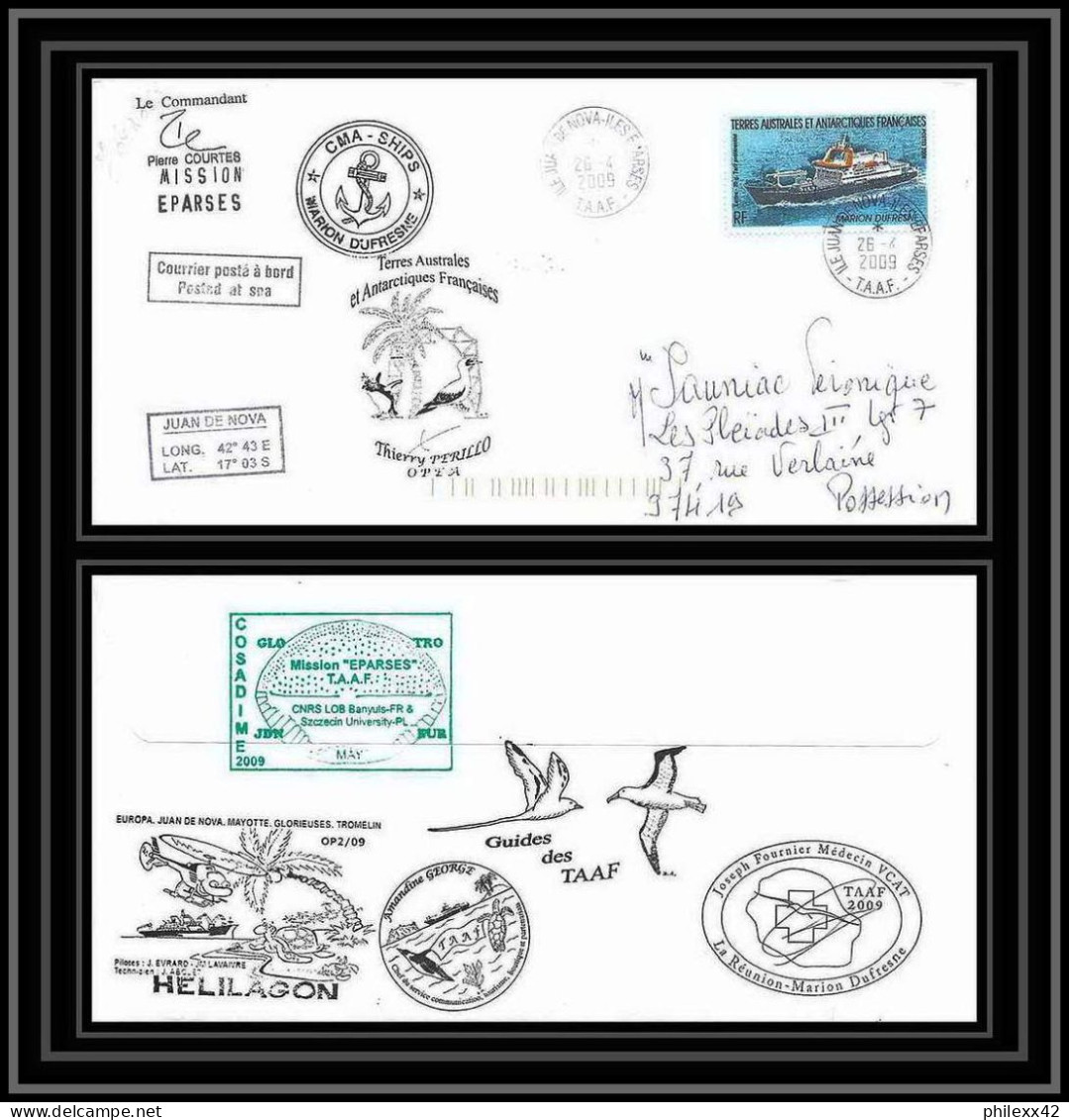 2908 Helilagon Terres Australes TAAF Lettre Dufresne 2 Signé Signed Juan De Nova 22/4/2009 Mission Eparses N°520 - Hélicoptères