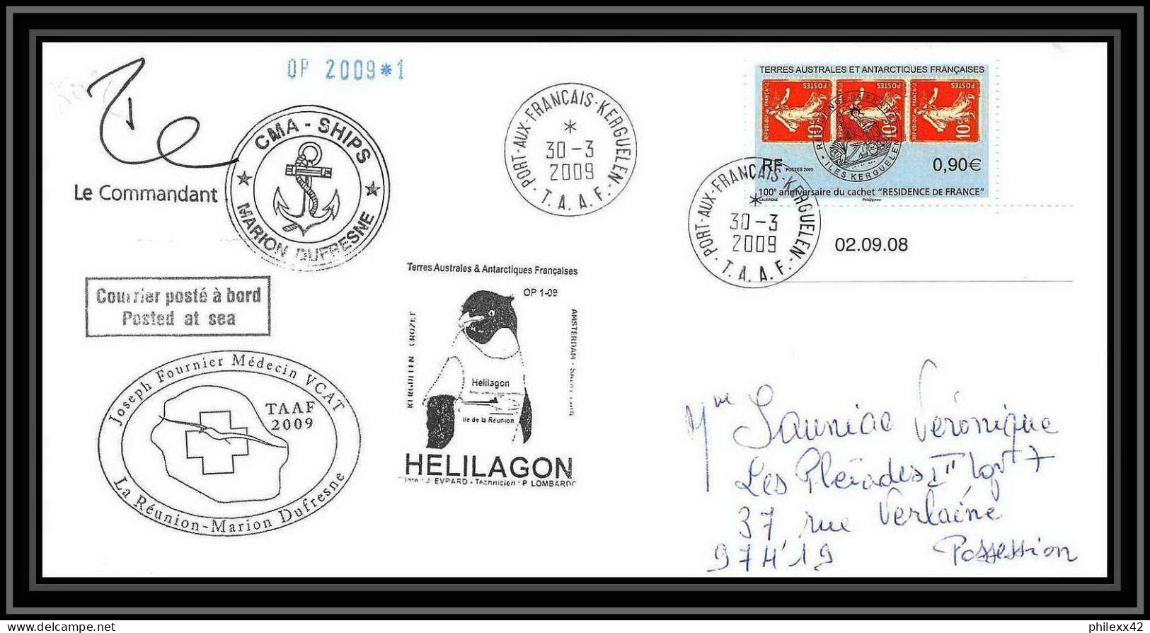 2900 Dufresne 2 Signé Signed OP 2009/1 N°526 30/9/2003 KERGUELEN Helilagon Terres Australes (taaf) Lettre Cover Semeuse - Hubschrauber