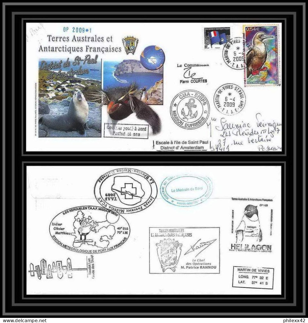 2904 Dufresne 2 Signé Signed OP 2009/1 St Paul 6/4/2009 N°515 Helilagon Terres Australes (taaf) Lettre Cover Fou Bird - Helicópteros