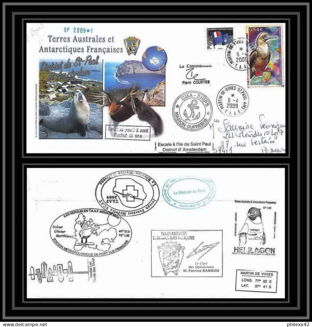 2904 Dufresne 2 Signé Signed OP 2009/1 St Paul 6/4/2009 N°515 Helilagon Terres Australes (taaf) Lettre Cover Fou Bird - Hélicoptères