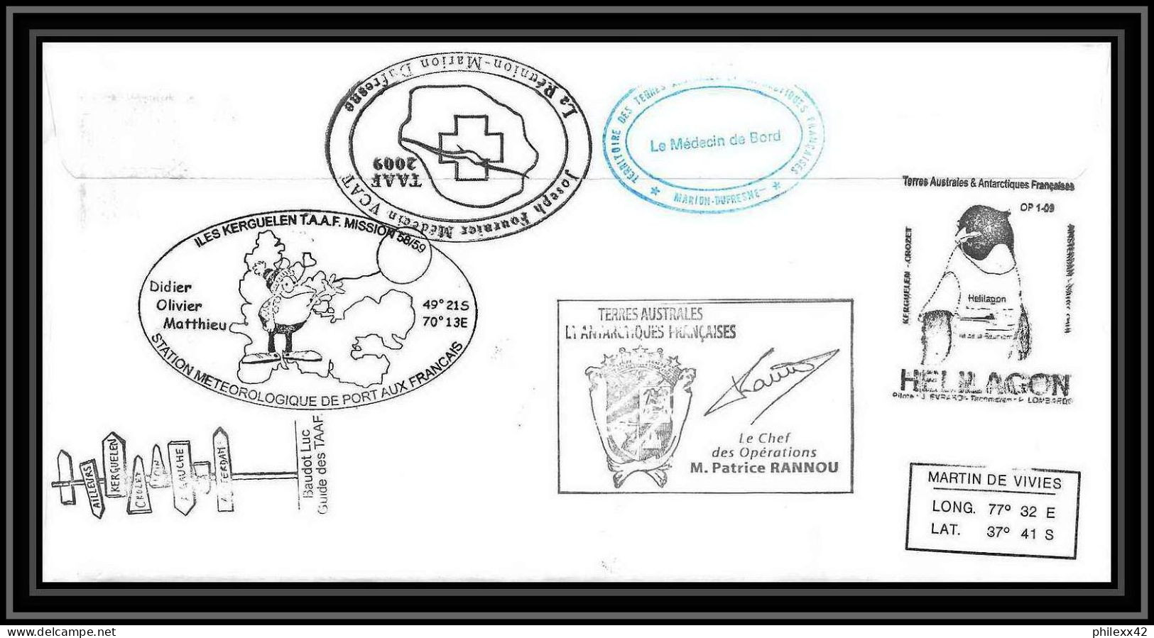 2904 Dufresne 2 Signé Signed OP 2009/1 St Paul 6/4/2009 N°515 Helilagon Terres Australes (taaf) Lettre Cover Fou Bird - Hélicoptères