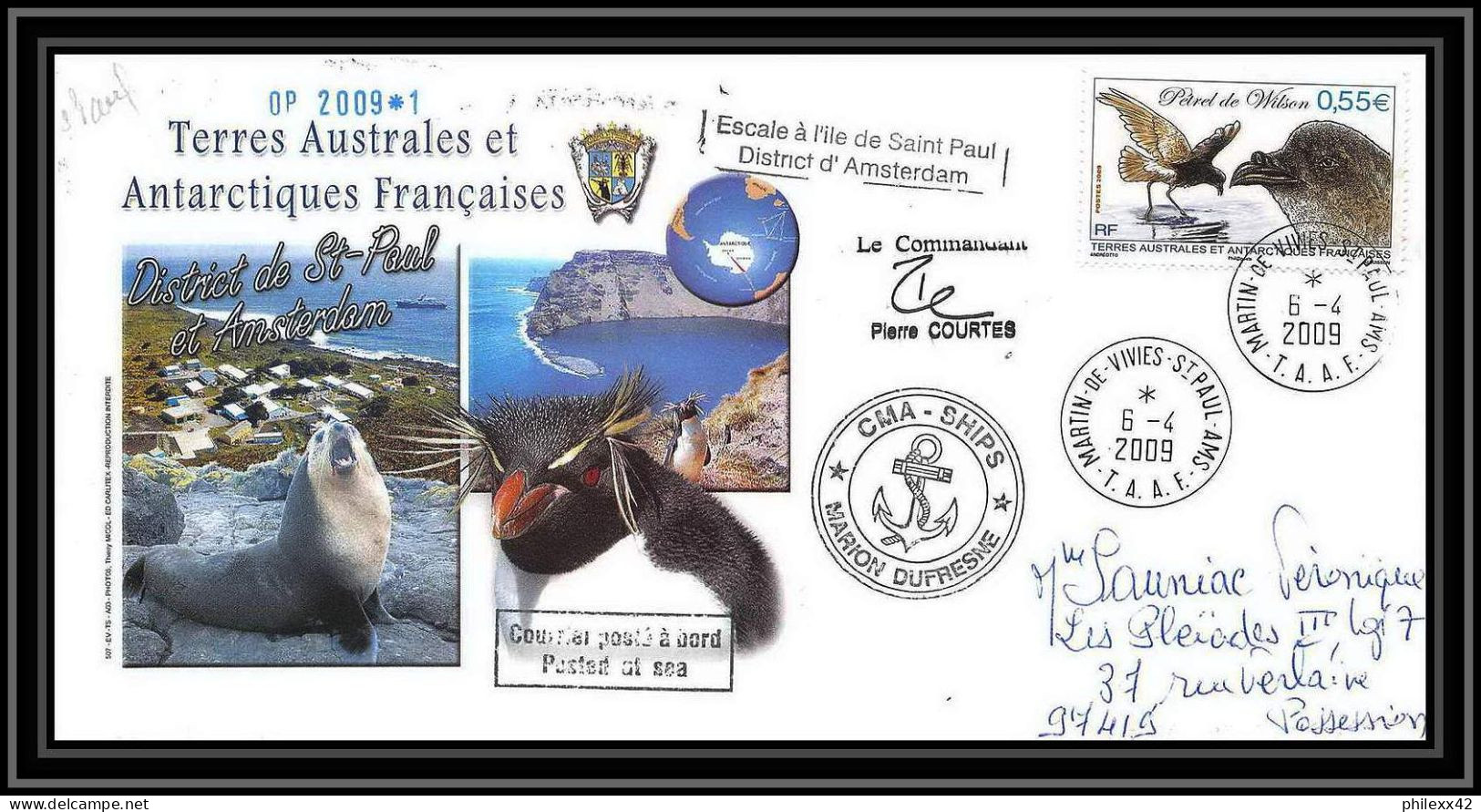 2902 Dufresne 2 Signé Signed OP 2009/1 St Paul 6/4/2009 N°531 Helilagon Terres Australes (taaf) Lettre Cover Petrel Bird - Helicópteros