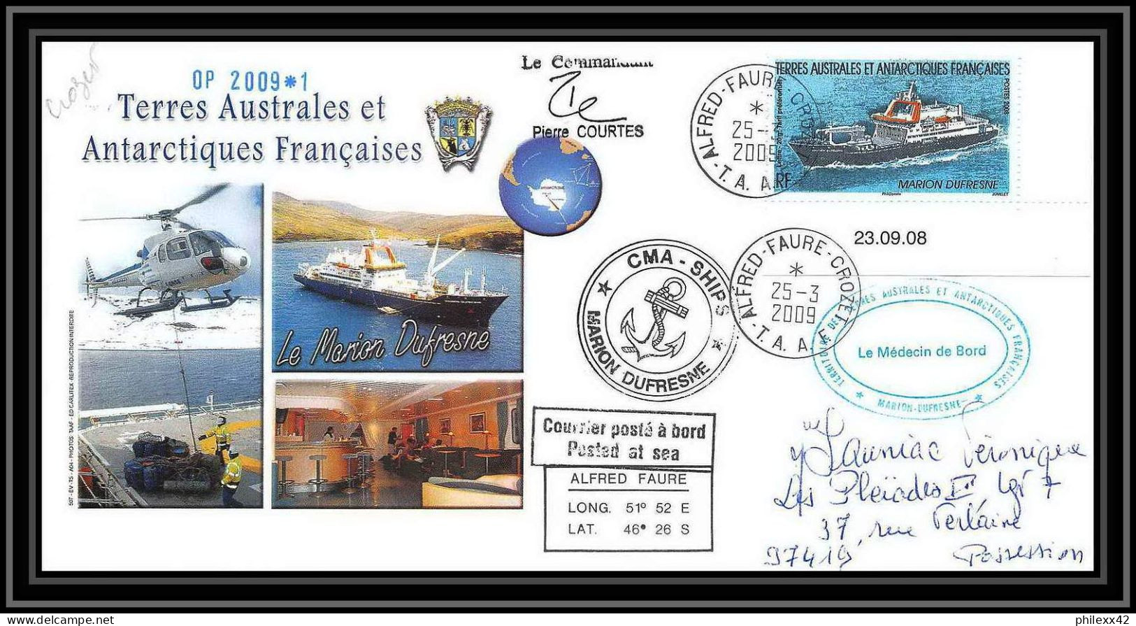 2893 Helilagon Dufresne Signé Signed OP 2009/1 Crozet 25/3/2009 N°520 ANTARCTIC Terres Australes (taaf) Lettre Cover - Hubschrauber