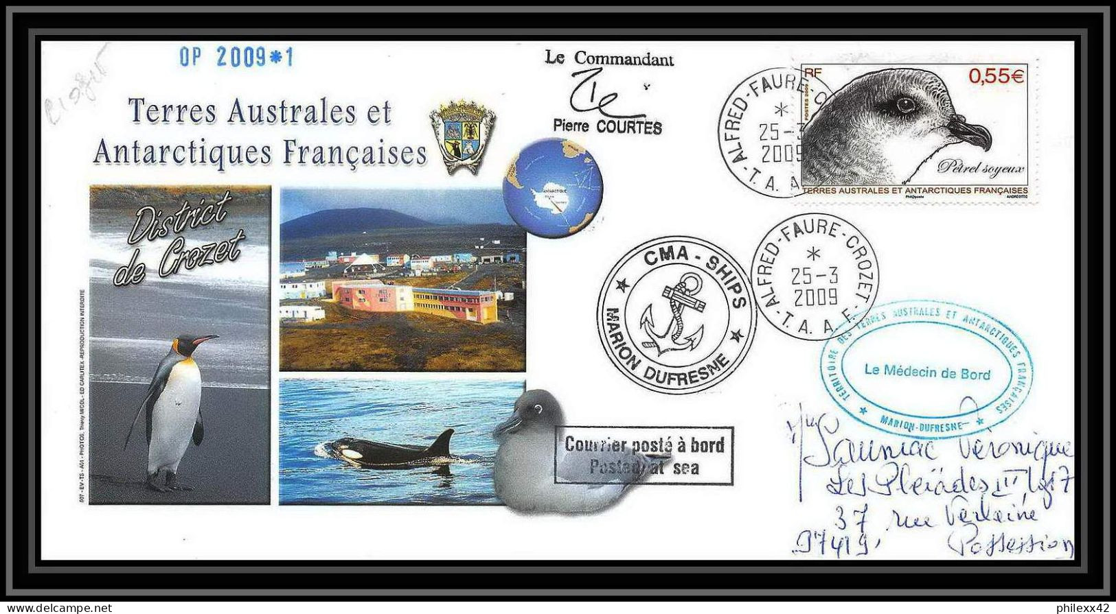 2891 Helilagon Dufresne Signé Signed OP 2009/1 Crozet 25/3/2009 N°534 ANTARCTIC Terres Australes (taaf) Lettre Cover - Helicópteros