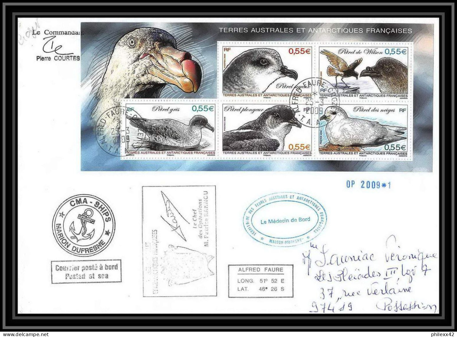 2888 Helilagon Dufresne Signé Signed OP 2009/1 Crozet BLOC N°22 25/3/2009 ANTARCTIC Terres Australes (taaf) Lettre Cover - Helicopters