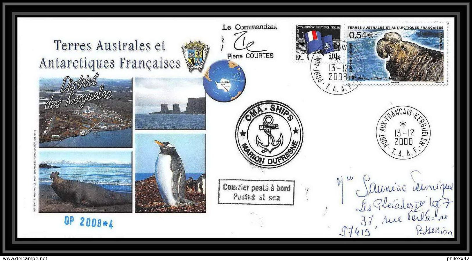 2867 Sea Elephant Terres Australes TAAF Helilagon Lettre Cover Dufresne Signé Signed Op 2008/4 Kerguelen 13/12/2008 N°51 - Hélicoptères