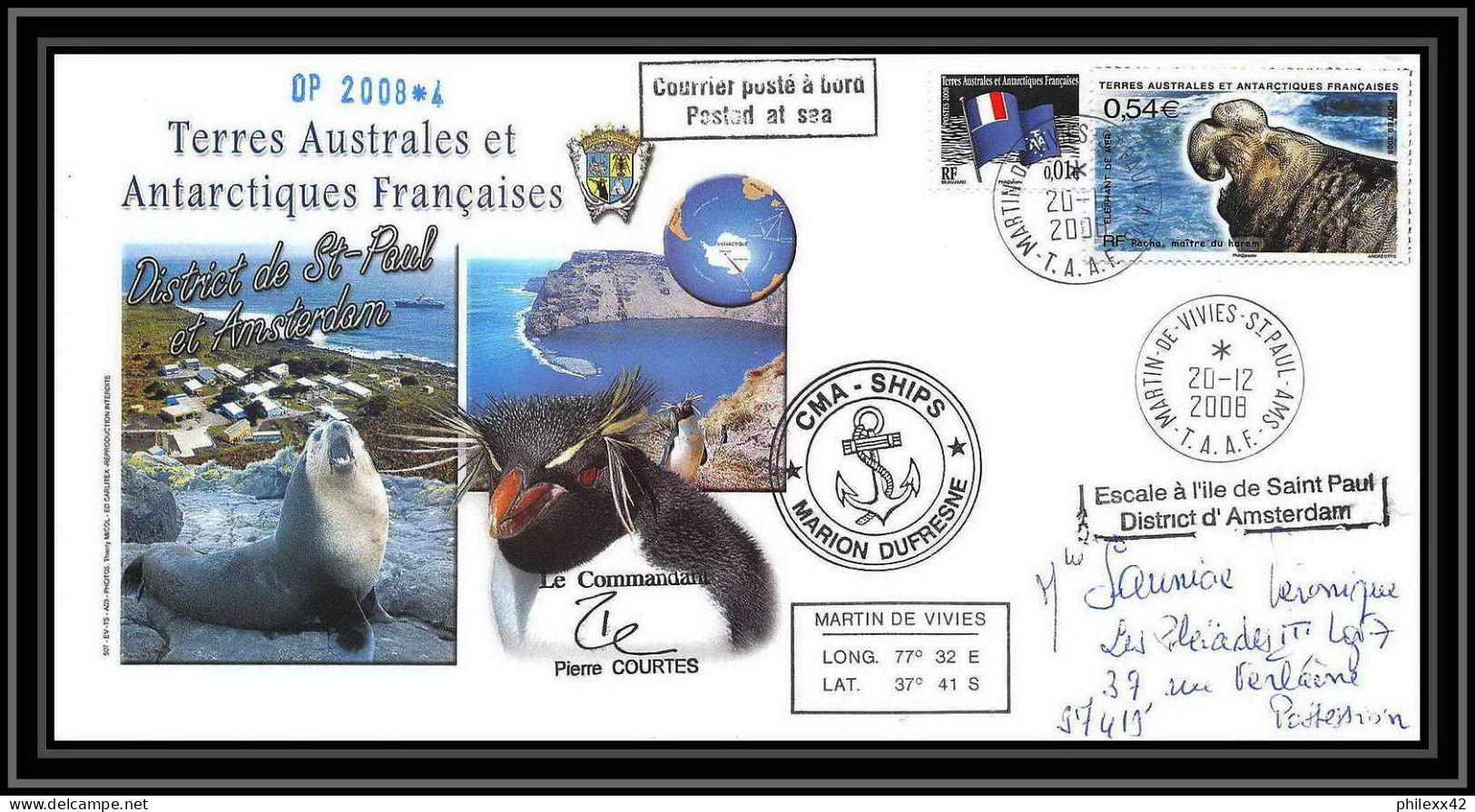 2871 Sea Elephant Terres Australes TAAF Helilagon Lettre Cover Dufresne Signé Signed Op 2008/4 St Paul 20/12/2008 N°511 - Helicopters