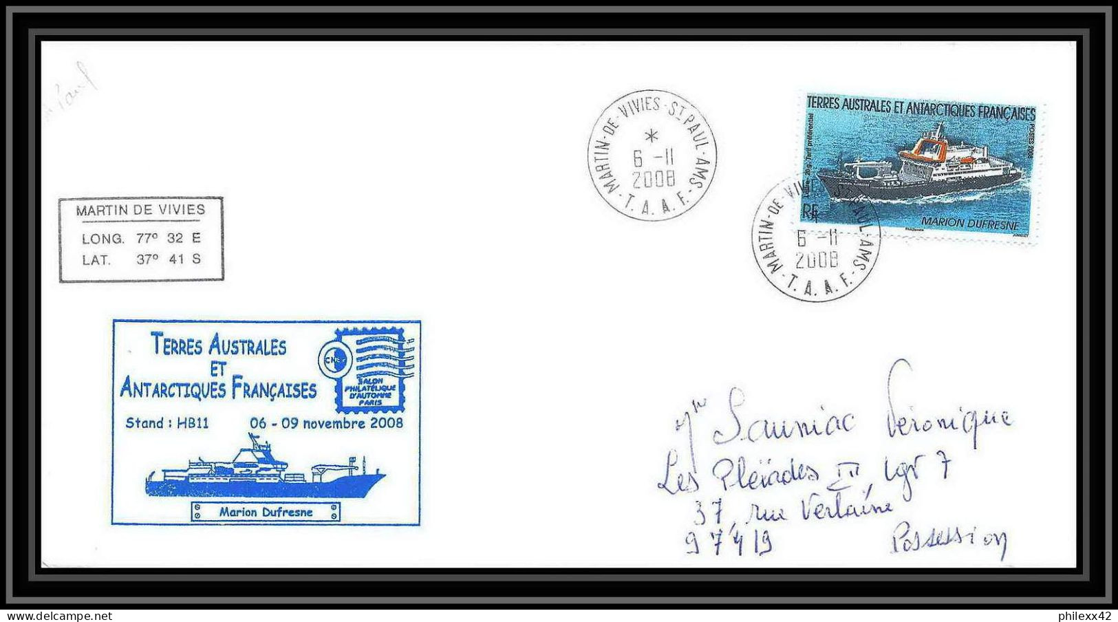 2859 ANTARCTIC Terres Australes TAAF Lettre Dufresne 2 Signé Signed St Paul 6/11/2008 Salon Philatélique N°520 - Lettres & Documents