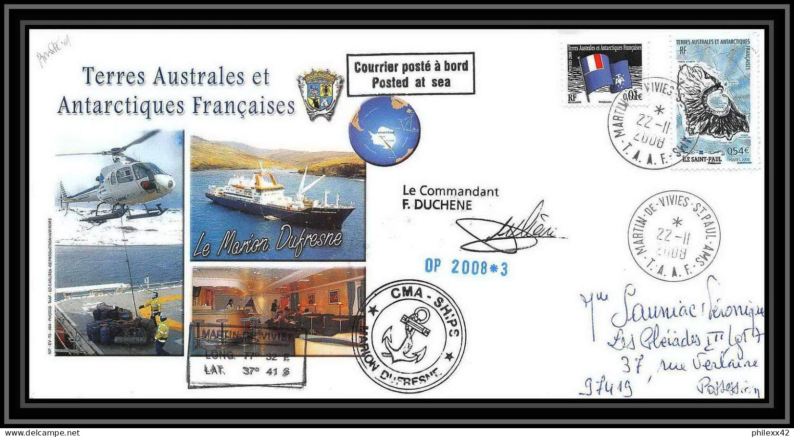 2858 ANTARCTIC Terres Australes TAAF Lettre Cover Dufresne 2 Signé Signed Op 2008/3 St Paul 22/11/2008 N°506 - Expediciones Antárticas