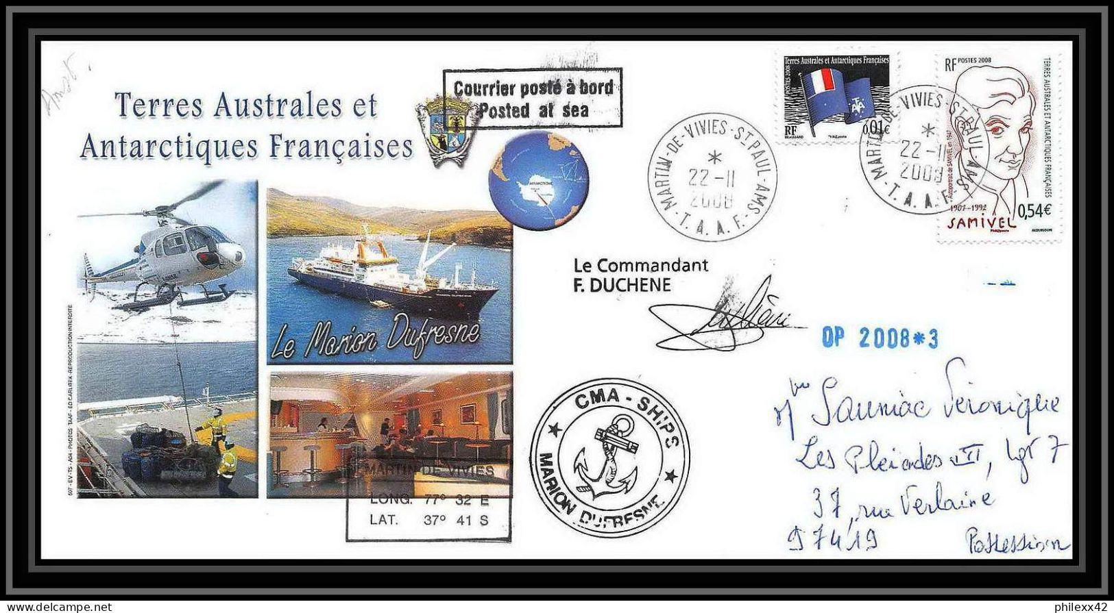 2856 ANTARCTIC Terres Australes TAAF Lettre Cover Dufresne 2 Signé Signed Op 2008/3 St Paul 22/11/2008 N°501 - Spedizioni Antartiche