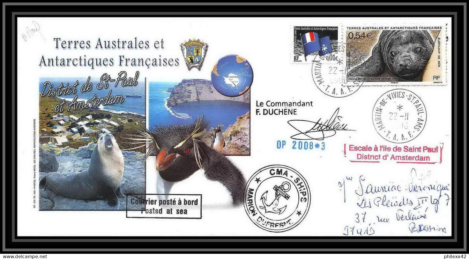 2857 Sea Elephant Terres Australes TAAF Lettre Cover Dufresne 2 Signé Signed Op 2008/3 St Paul 22/11/2008 N°510 - Lettres & Documents