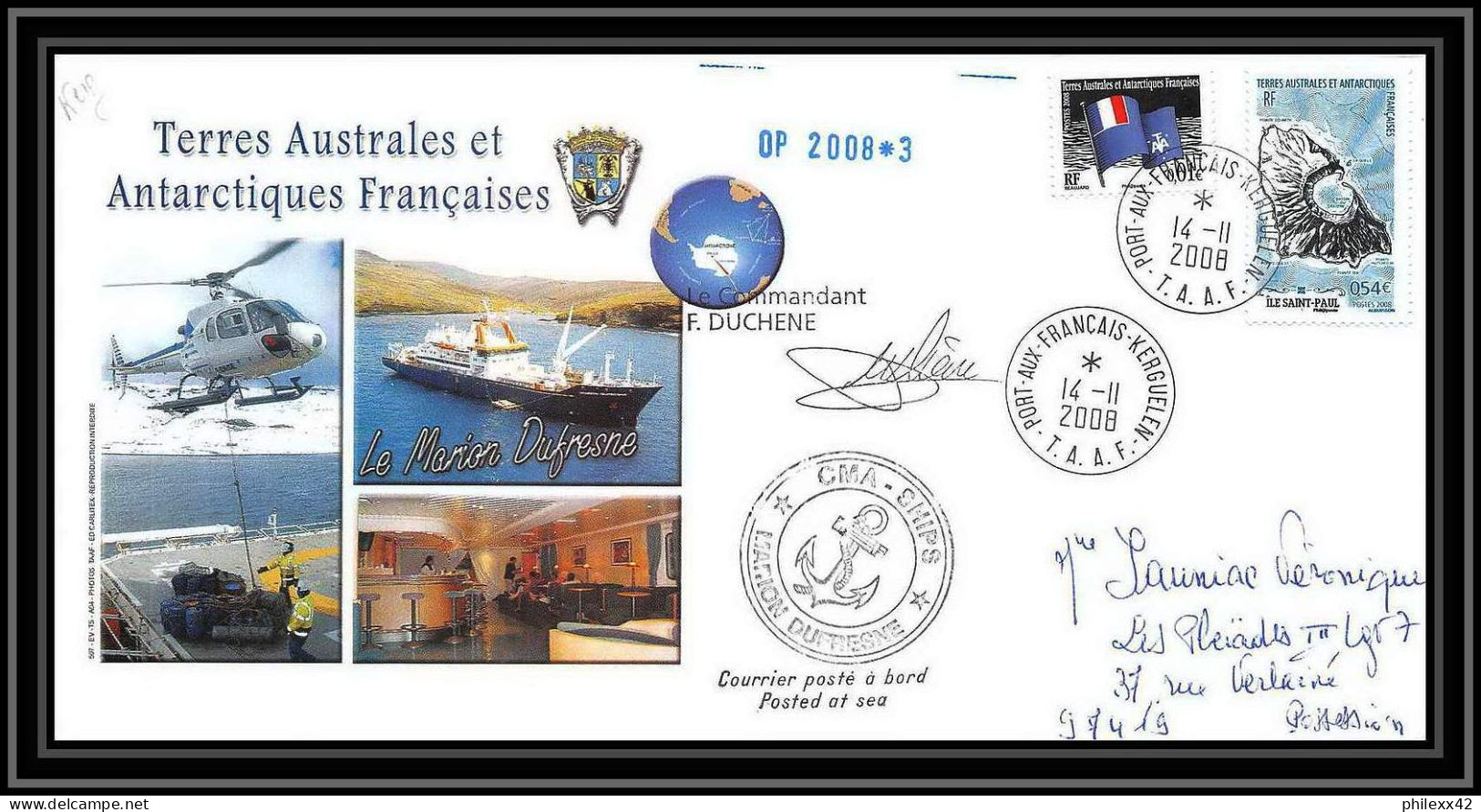 2853 ANTARCTIC Terres Australes TAAF Helilagon Lettre Cover Dufresne Signé Signed Op 2008/3 Kerguelen 14/11/2008 N°506 - Helicopters