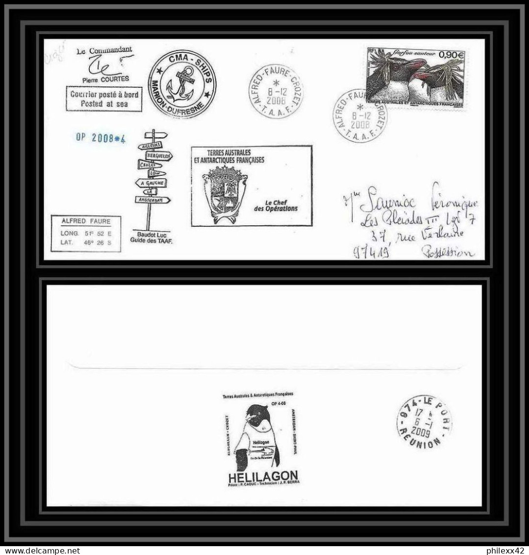 2862 ANTARCTIC Terres Australes TAAF Helilagon Lettre Cover Dufresne Signé Signed Op 2008/4 Crozet 8/12/2008 N°502 - Helicopters