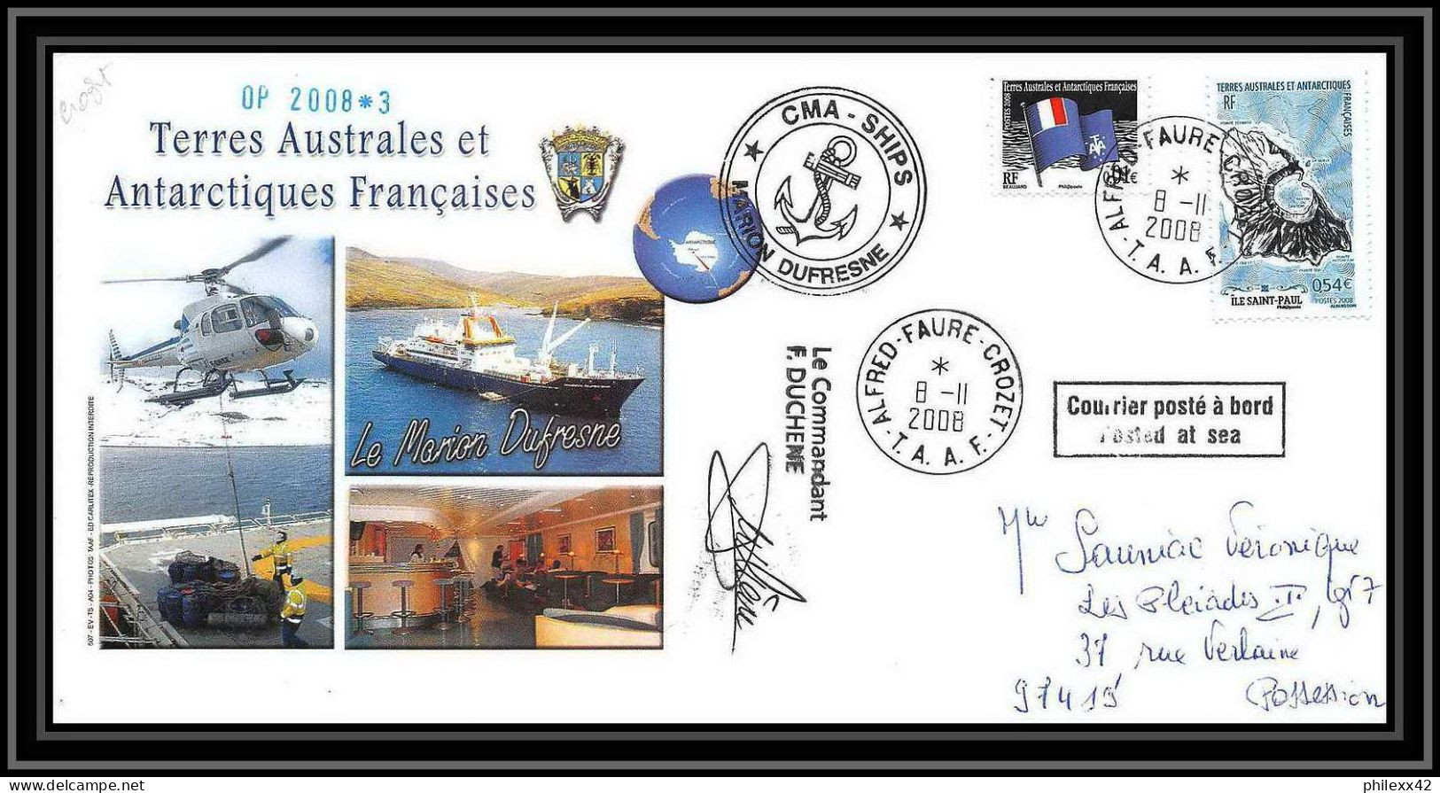 2845 ANTARCTIC Terres Australes TAAF Helilagon Lettre Cover Dufresne Signé Signed Op 2008/3 Crozet 8/11/2008 N°506 - Helicópteros
