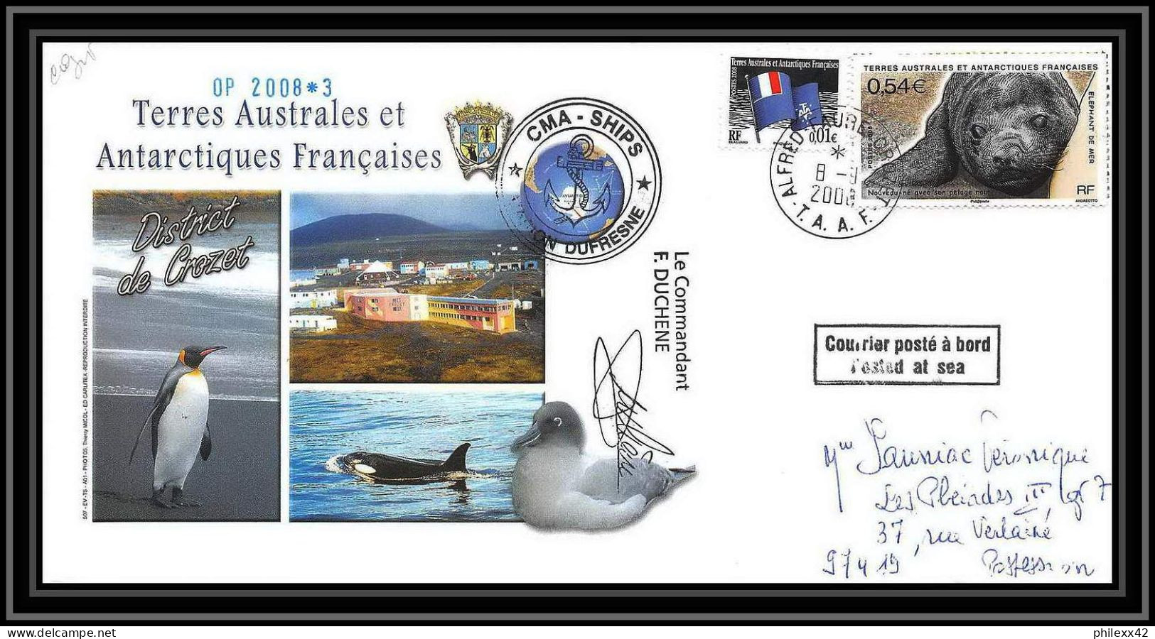 2844 Sea Elephant Terres Australes TAAF Helilagon Lettre Cover Dufresne Signé Signed Op 2008/3 Crozet 8/11/2008 N°510 - Hélicoptères