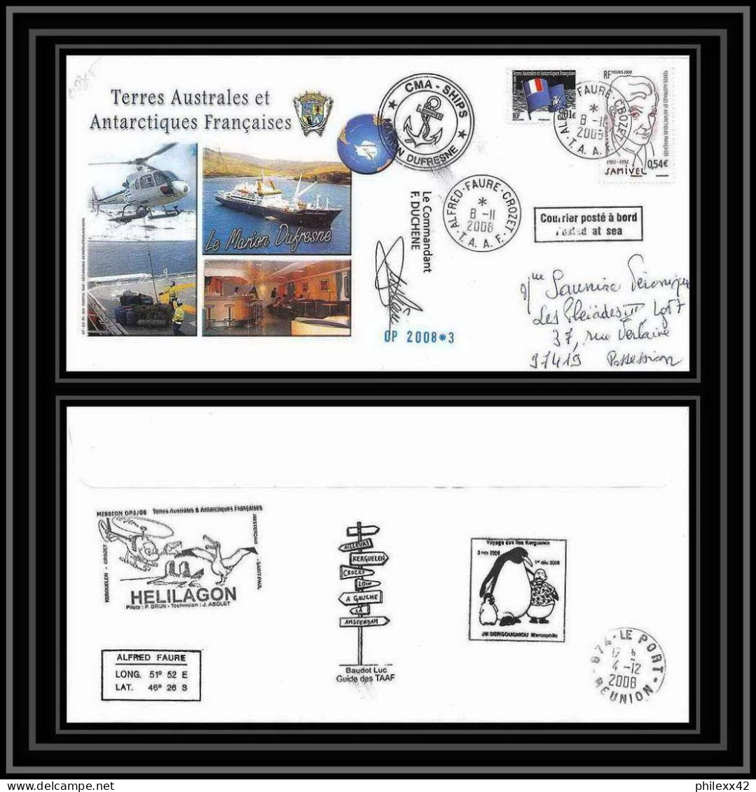 2843 ANTARCTIC Terres Australes TAAF Helilagon Lettre Cover Dufresne Signé Signed Op 2008/3 Crozet 8/11/2008 N°513 - Hélicoptères