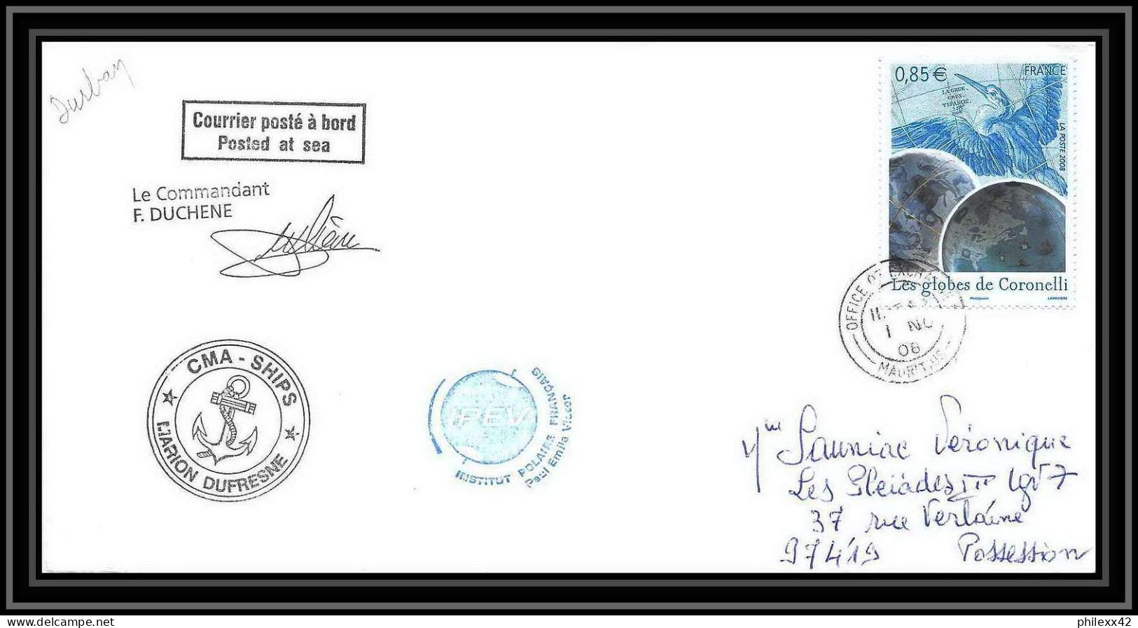 2840 ANTARCTIC Terres Australes TAAF Lettre Cover Dufresne 2 Signé Signed Op 2008/3 Durban 1/11/2008 - Expéditions Antarctiques