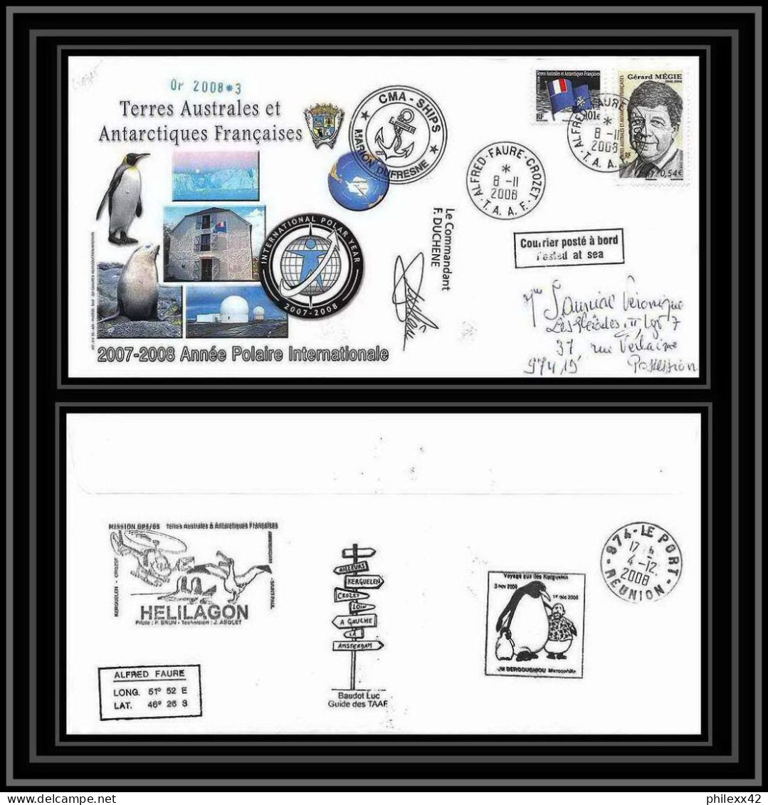 2842 ANTARCTIC Terres Australes TAAF Helilagon Lettre Cover Dufresne Signé Signed Op 2008/3 Crozet 8/11/2008 N°501 - Helicopters