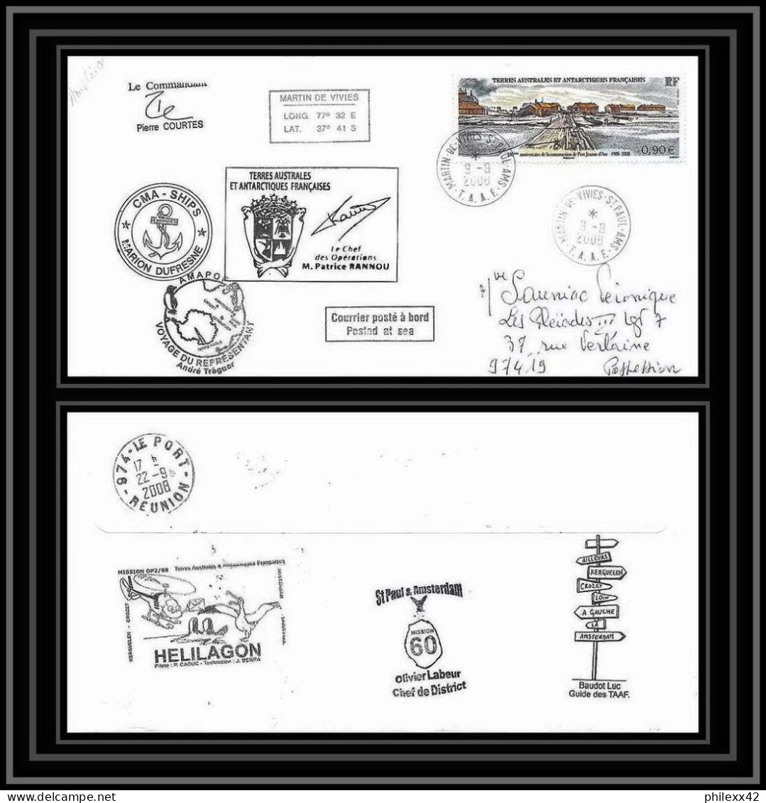 2835 ANTARCTIC Terres Australes TAAF Helilagon Lettre Cover Dufresne Signé Signed Op 2008/2 ST PAUL 9/9/2008 N°505 - Helikopters