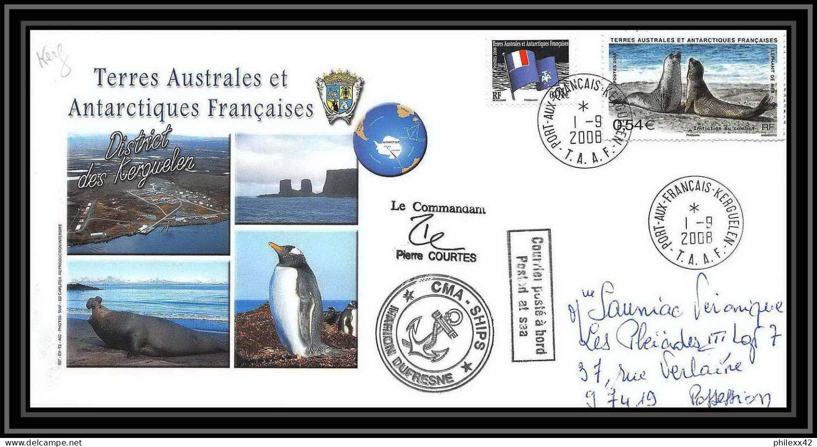 2831 Sea Elephant Terres Australes TAAF Helilagon Lettre Cover Dufresne Signé Signed Op 2008/2 KERGUELEN 1/9/2008 N°509 - Helicopters