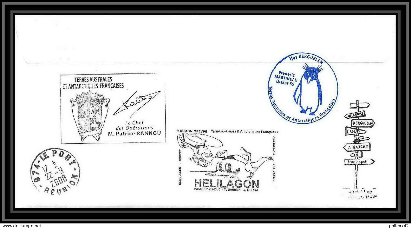 2830 Helilagon Terres Australes TAAF Lettre Dufresne 2 Signé Signed Op 2008/2 KERGUELEN 1/9/2008 N°500 Recommandé - Helikopters