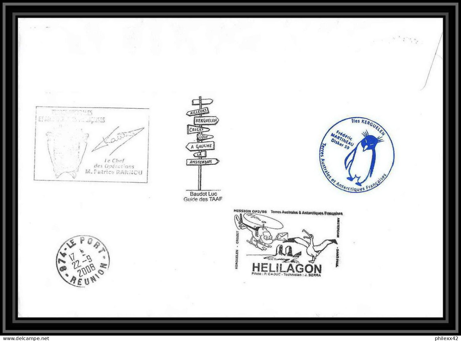 2826 ANTARCTIC Terres Australes TAAF Helilagon Lettre Cover Dufresne Signé Signed BLOC N°20 Op 2008/2 1/9/2008 KERGUELEN - Helicopters