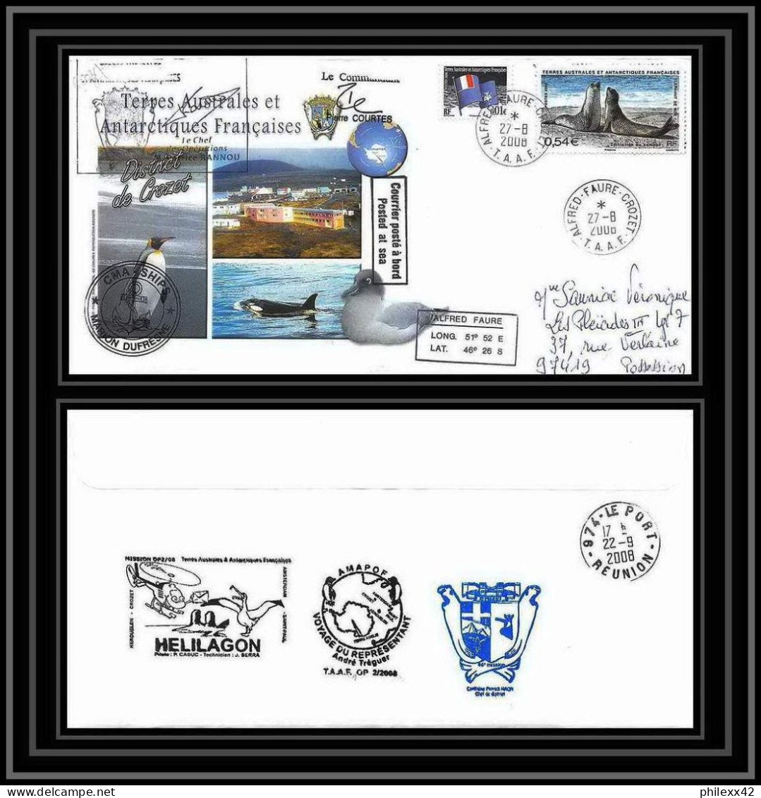 2824 Sea Elephant Terres Australes TAAF Helilagon Lettre Cover Dufresne Signé Signed Op 2008/2 CROZET N°512 27/8/2008 - Hélicoptères