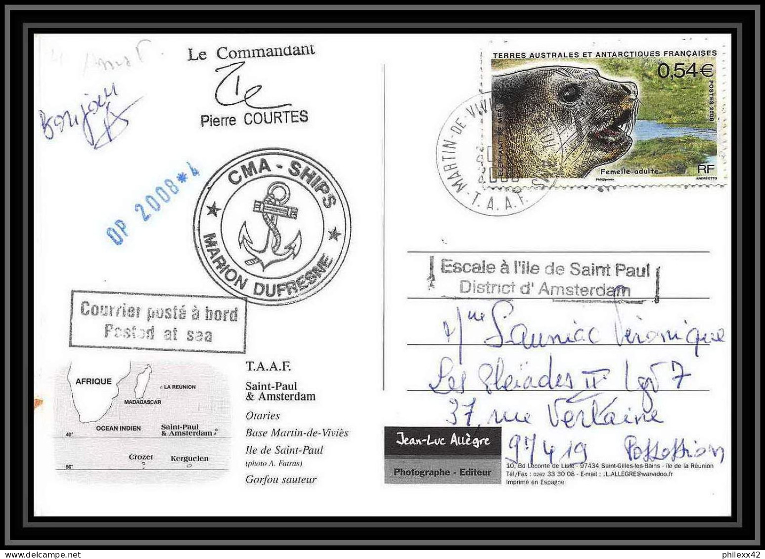 2807 Sea Elephant Terres Australes (taaf)-carte Postale Dufresne 2 Signé Signed Op 2008/4 St Paul N°508 20/12/2008 - Lettres & Documents