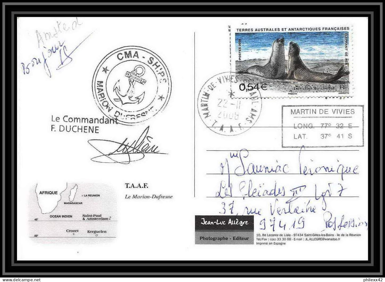 2803 Sea Elephant Terres Australes (taaf)-carte Postale Dufresne 2 Signé Signed Op 2008/3 St Paul N°509 21/11/2008 - Brieven En Documenten