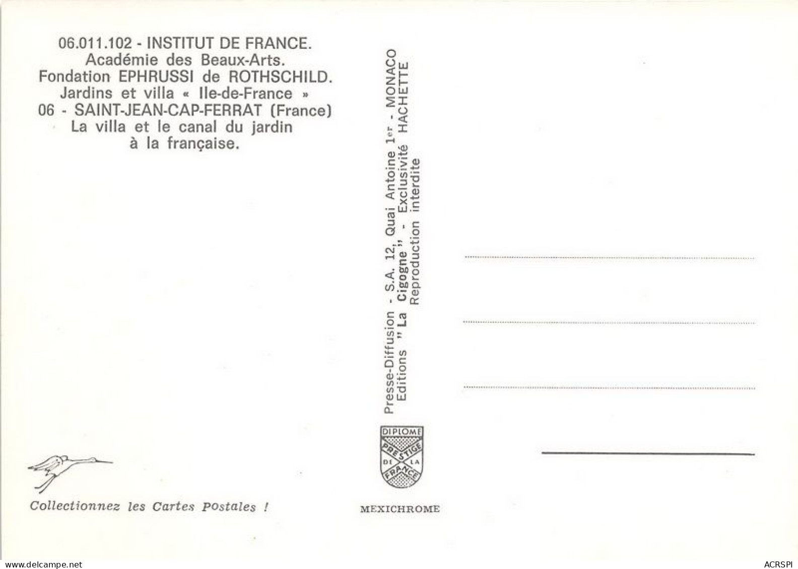 INSTITUT DE FRANCE Ademie Des Beaux Arts SAINT JEAN CAP FERRAT La Villa Et Le Canal Du Jardin20(scan Recto-verso) MA1133 - Saint-Jean-Cap-Ferrat