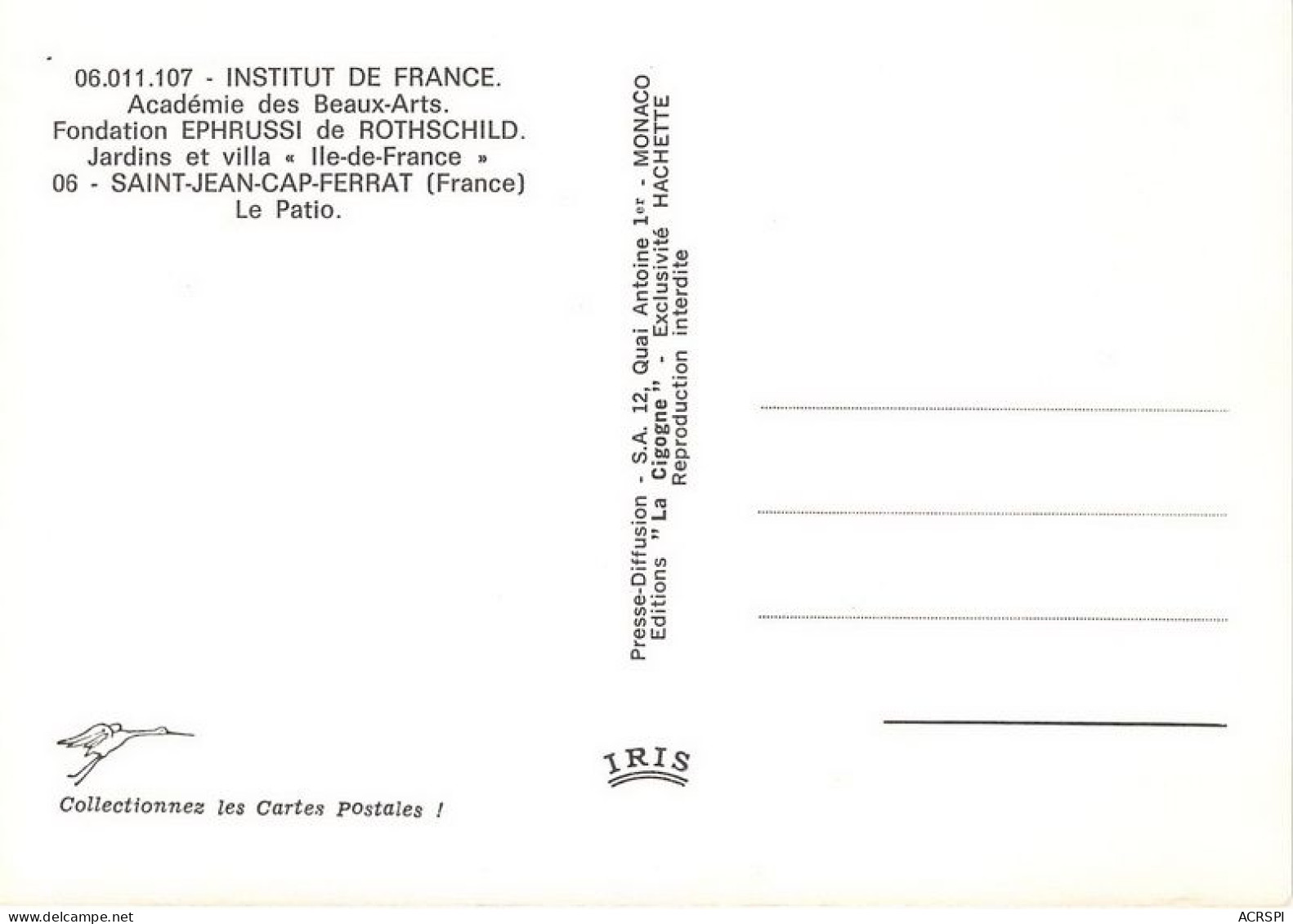 INSTITUT DE FRANCE Ademie Des Beaux Arts SAINT JEAN CAP FERRAT Le Patio 21(scan Recto-verso) MA1133 - Saint-Jean-Cap-Ferrat