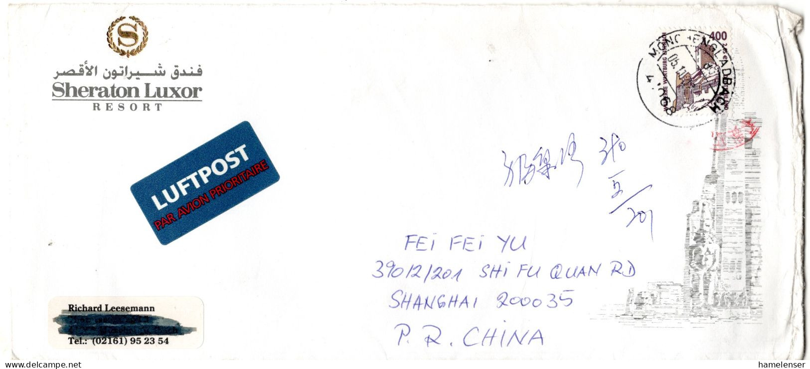 L77270 - Bund - 2002 - €2,05/400Pfg SWK EF A LpBf MOENCHENGLADBACH -> SHANGHAI (China) - Covers & Documents